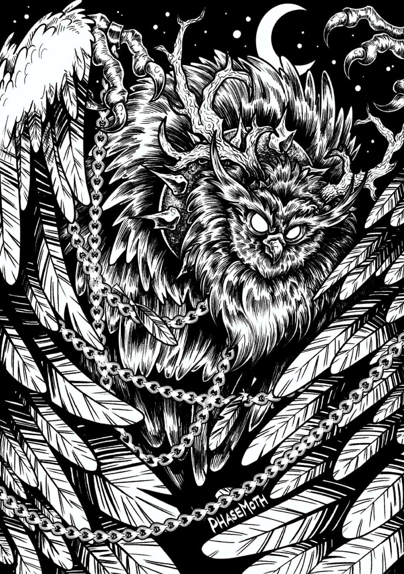 A digital illustration of an owl-like creature with large wings, antlers and chains around it's body. The moon can be seen in the background, and the entire drawing is in black and white.