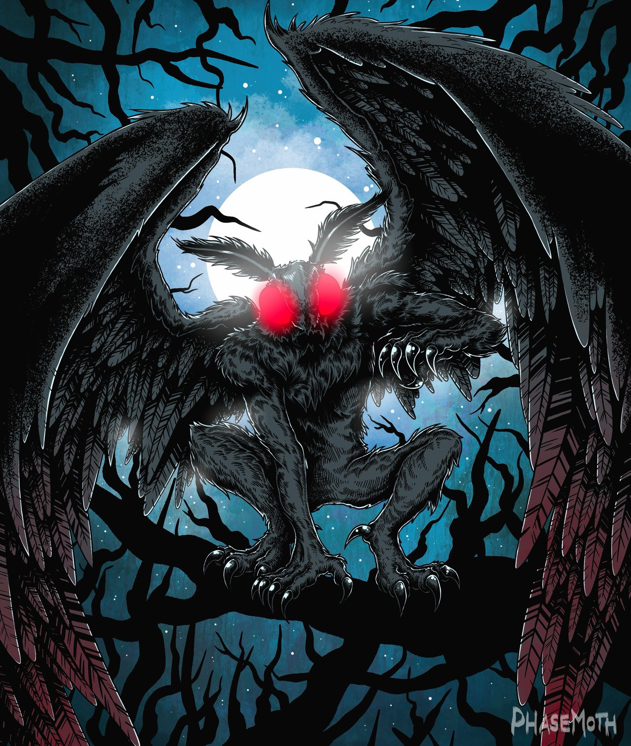 A digital illustration of Mothman hiding in some trees, ready to pounce onto the viewer. He has glowing red eyes, and the moon is behind him, illuminating the entire scene. 