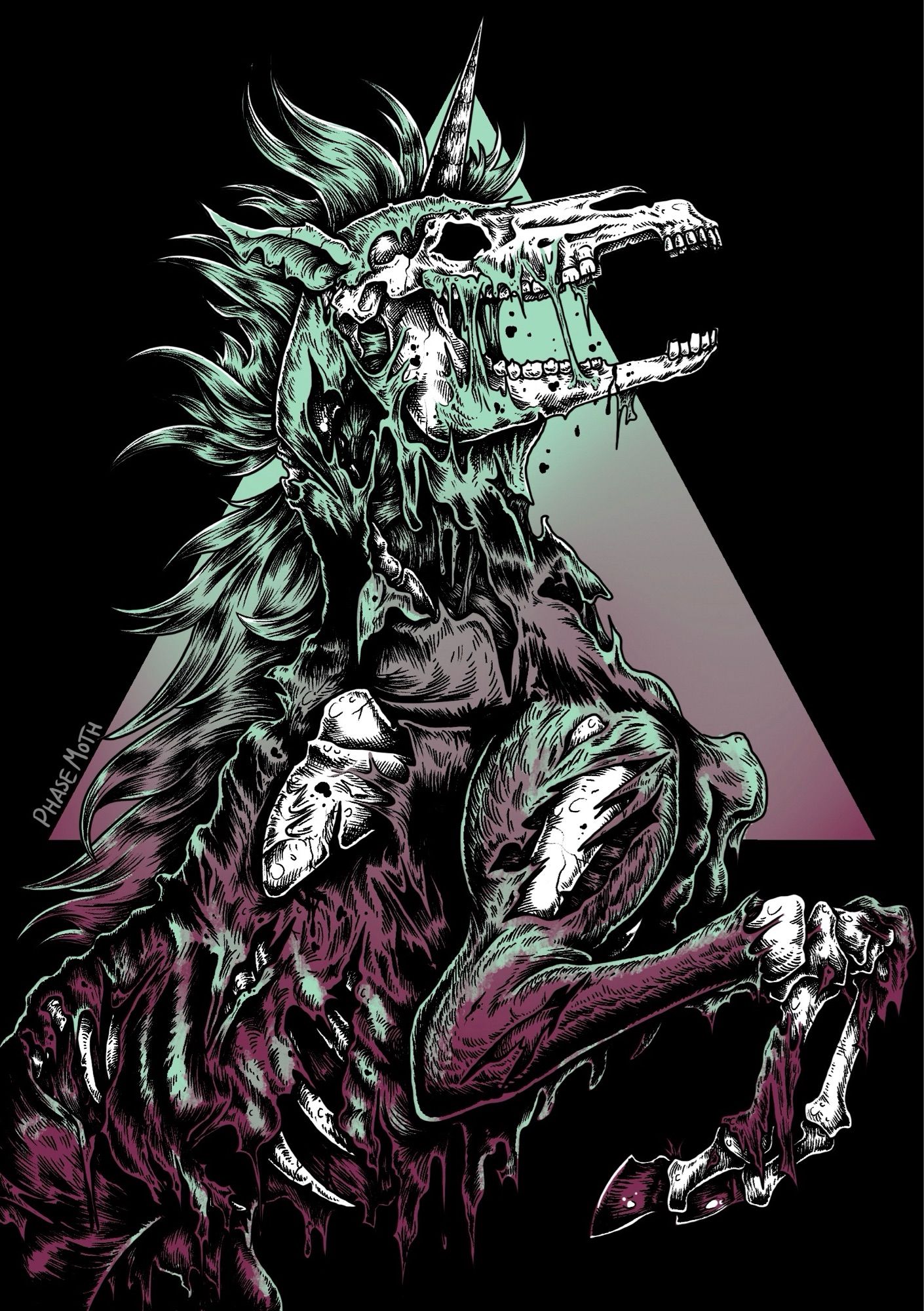 A digital illustration of a zombie unicorn facing towards the right rearing up. Flesh and bones are visible and the colour pallet of the piece is sickly green and magenta.