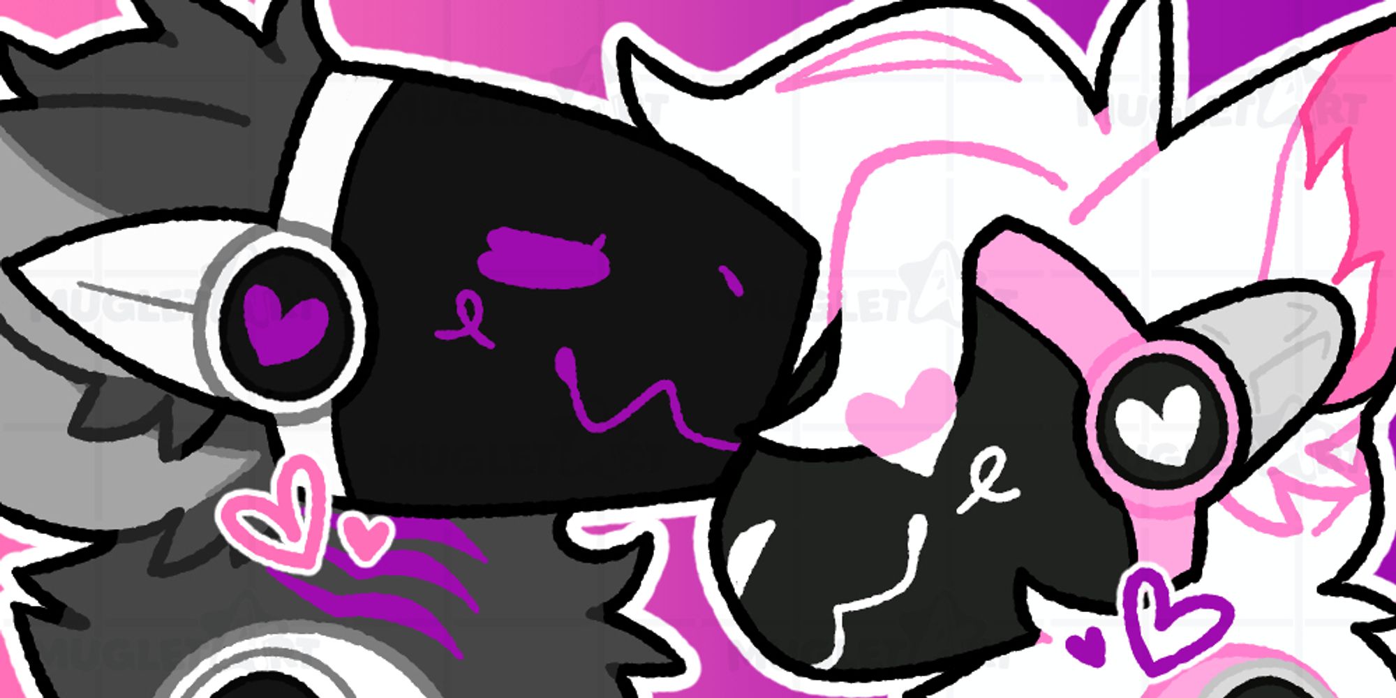 Couple's icon drawing featuring 2 protogens, where the left is smooching the right on the forehead. The proto on the left is grey and purple, the one on the right is white and pink.