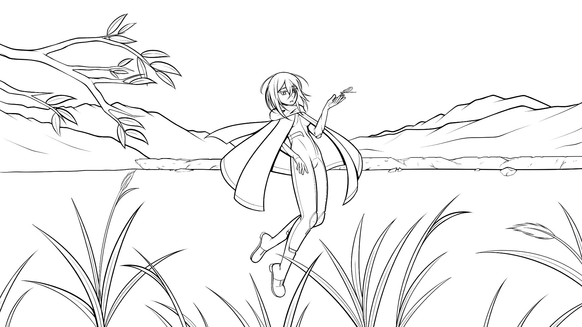 Uncolored lineart of Warden standing on the water of a lake, hand gently lifted with a dragonfly resting on her fingers. She's gazing towards the viewer, who's watching her from the bank. Grasses and branches sit in the foreground, and the opposite bank can be seen behind her. Mountains decorate the background.