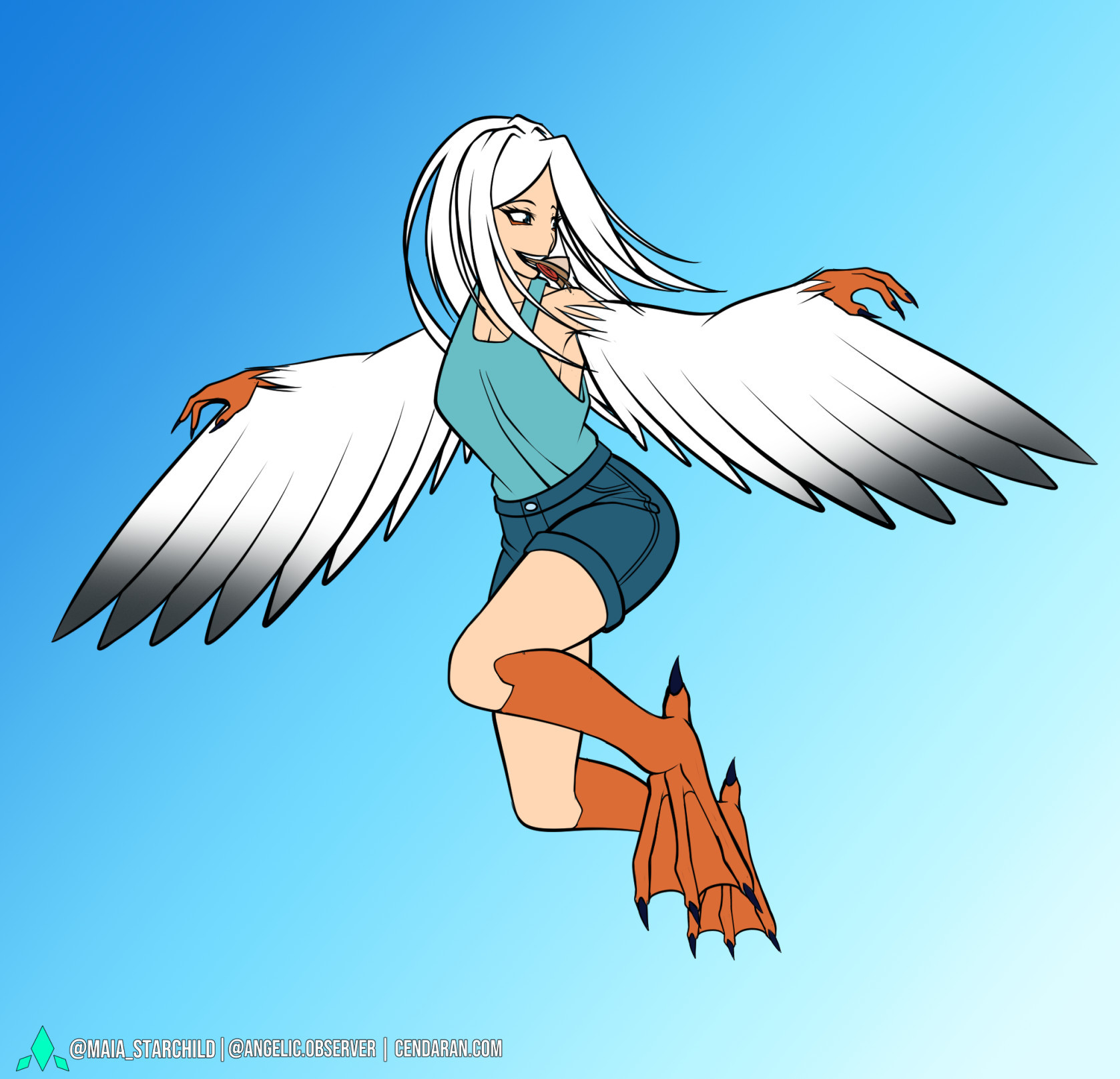 A flat-color lineart drawing of a harpy based on a seagull, flying away and looking back at her victim of sandwich theft (off-screen), grinning with half of a sandwich in her mouth. 