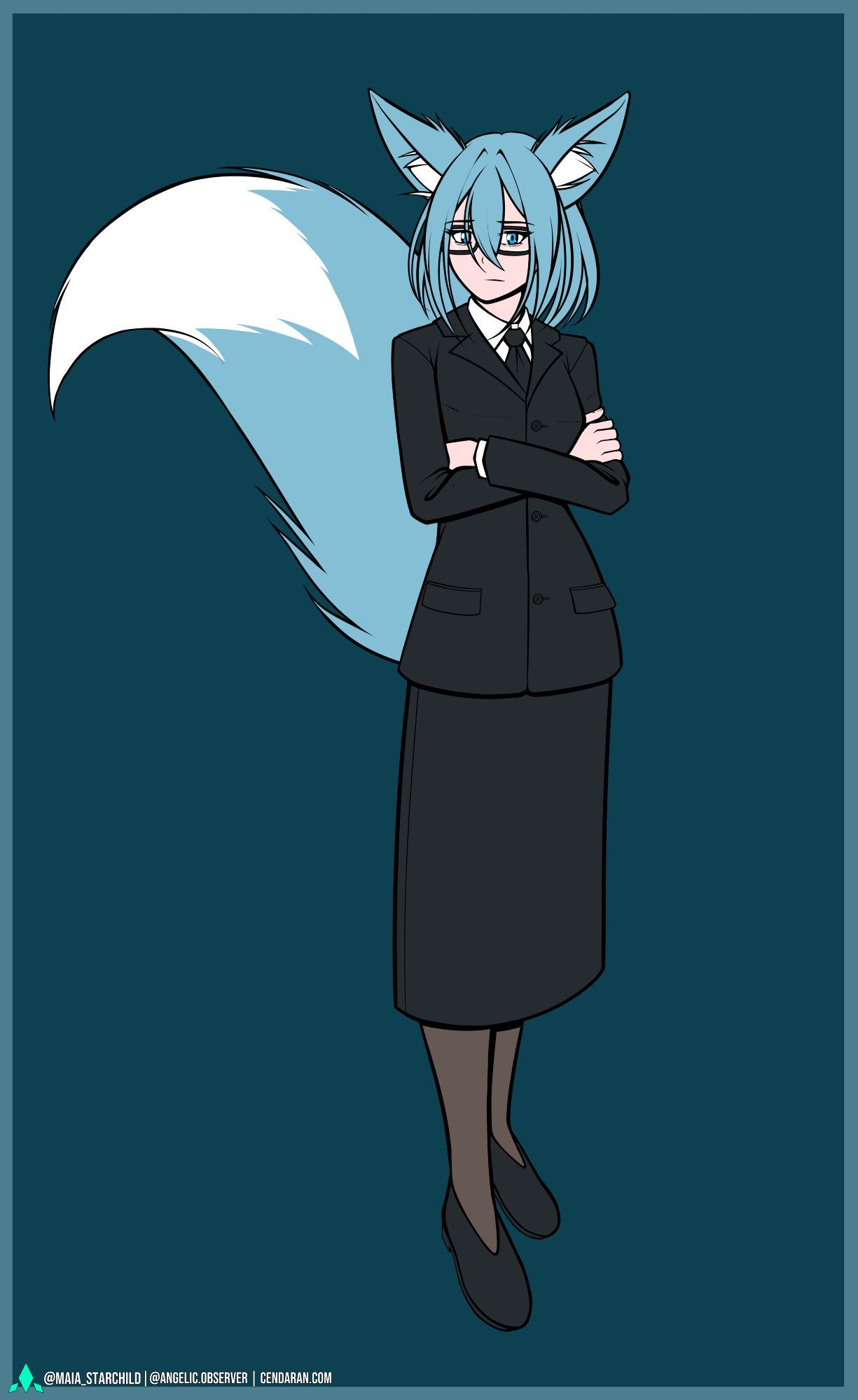 A tall woman with a tired expression and light blue hair. She has fox ears and tail that match her hair's color, and is wearing glasses and a suit jacket with a tie and skirt.