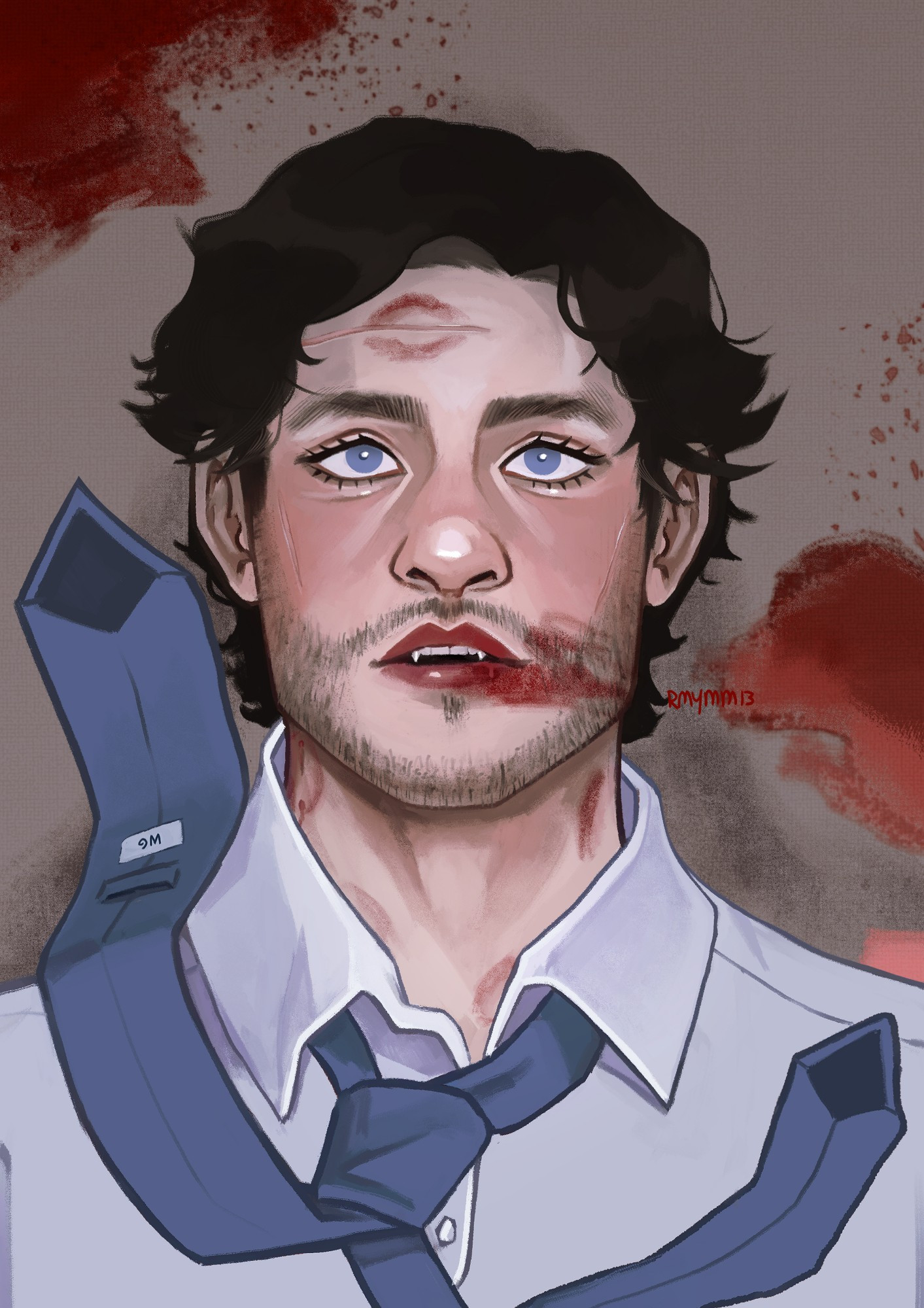 Will Graham from NBC Hannibal on the floor next to a heart shaped puddle of blood. A sweet kiss on his forehead scar, and lips red and smudged, perhaps by a specific cannibal. 