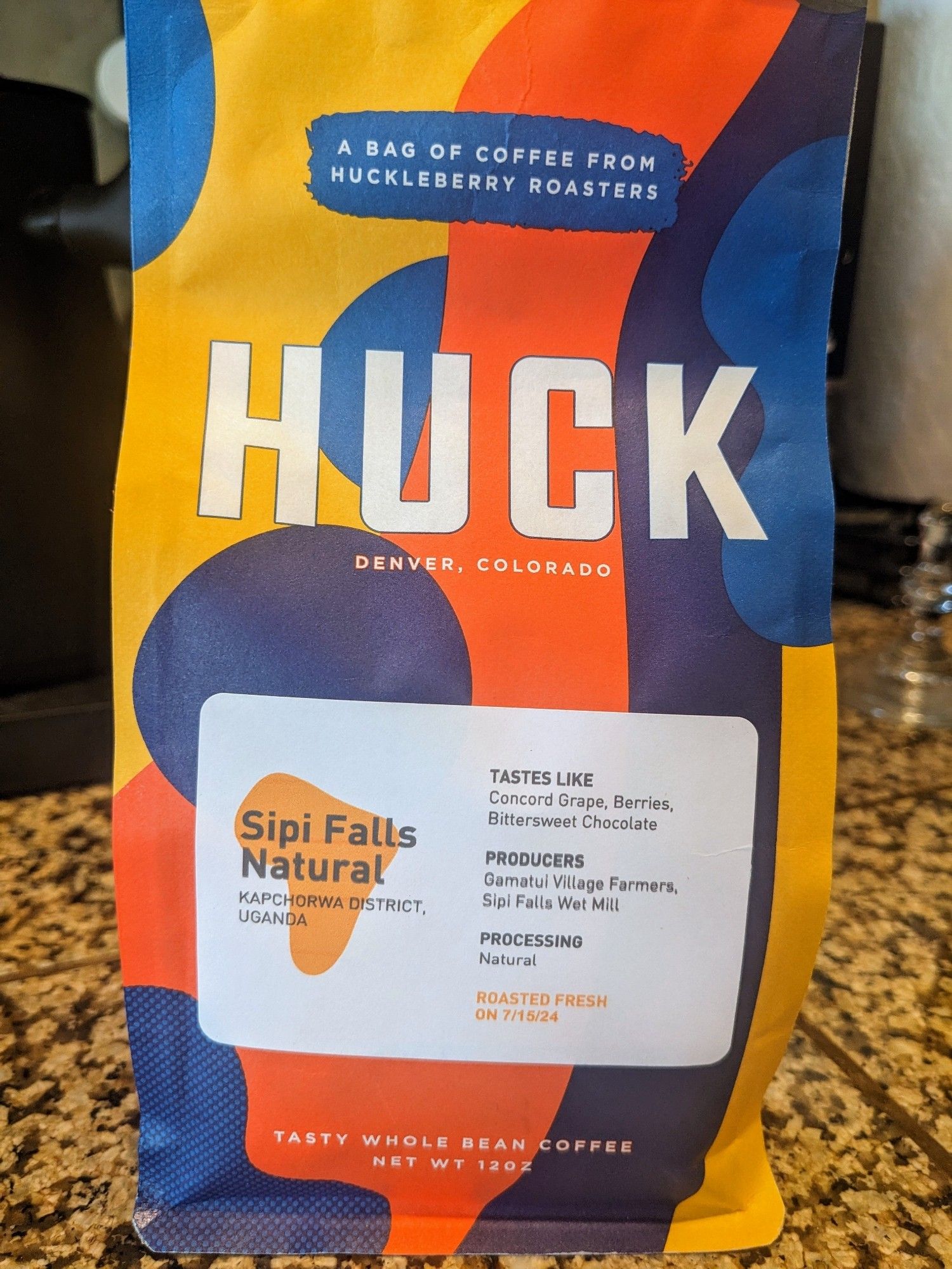 A coffee bag from Huckleberry Roasters in Denver, Colorado. The coffee is a naturally processed Ugandan single-origin.