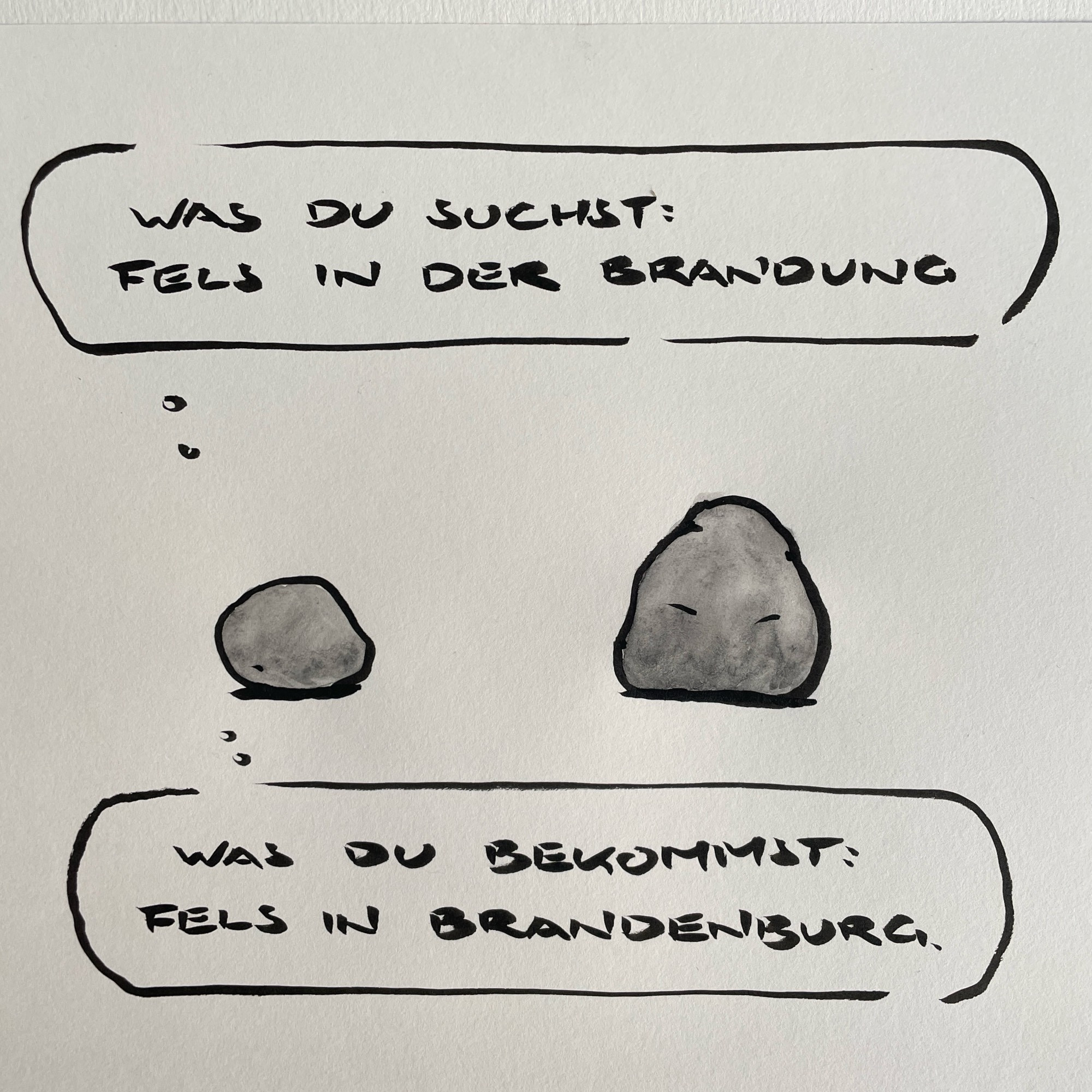 Cartoon: Einstein neben einem größeren Felsen. Der Stein sagt: du suchst einen Fels in der Brandung. Du bekommst ein Fels in Brandenburg.