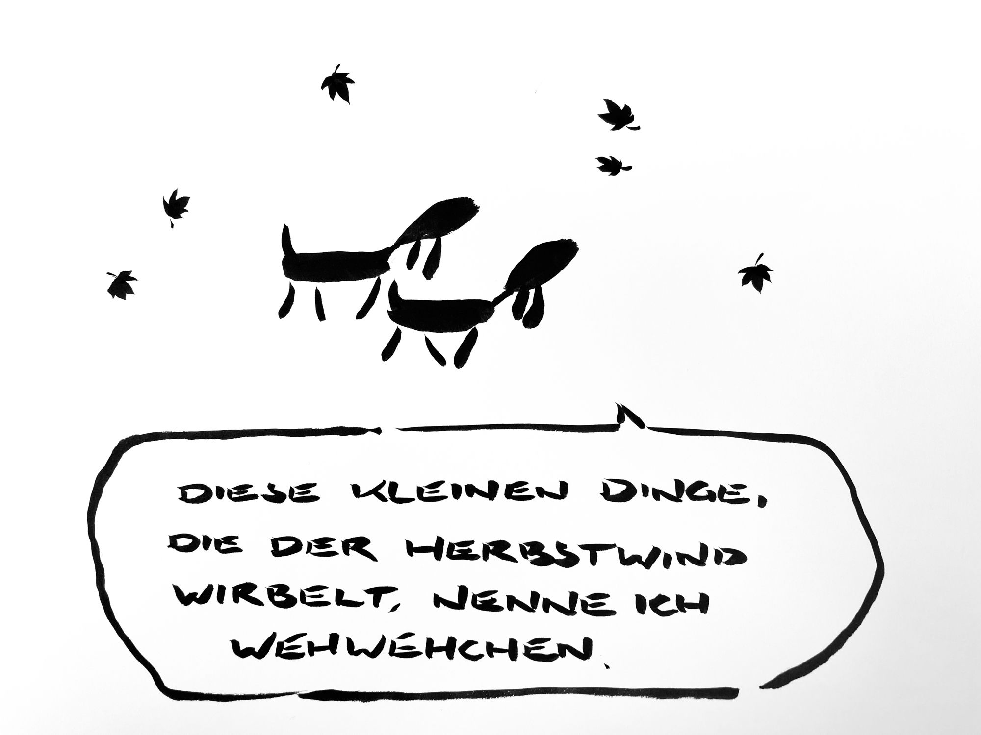 Cartoon aus wenigen schwarzen Tuschestrichen. Zwei Dackel werden von Blättern umdreht. Der eine Dackel, schaut hoch und sagt: „ diese kleinen Dinge, die der Herbstwind wirbelt, nenne ich Wehwehchen.