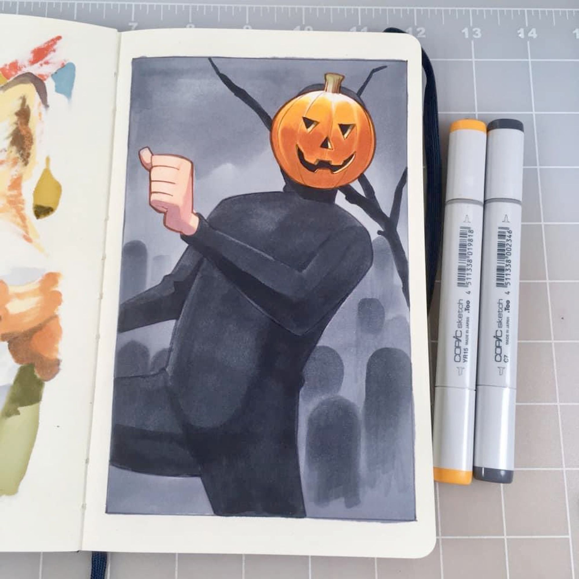 A marker and coloured pencil drawing of the "Dancing Pumpkin Man" wearing an orange pumpkin mask and a black leotard, dancing to the Ghostbusters theme song.  (This is a drawing so you can't hear the Ghostbusters theme song but it's implied.)