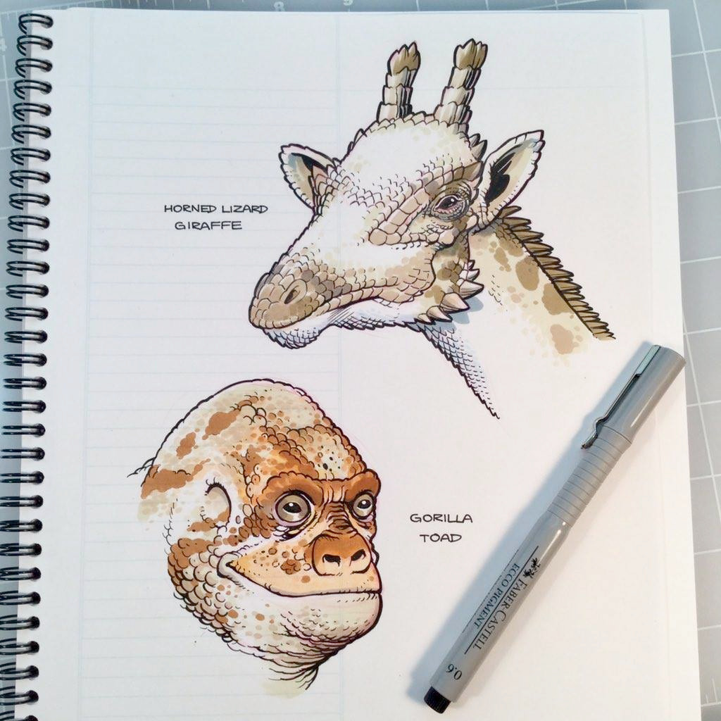 A sketchbook page with 2 hybrid animals: a horned lizard giraffe and a gorilla toad.