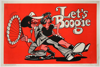 A mustachioed man in a wide brim hat and striped suit is spinning his watch on a chain as he holds his partner around the waist. She is dressed in a short skirt, high-heels and flapper-style headband. They are stepping forward in a synchronized dance. The words “Let’s Boogie” appear 