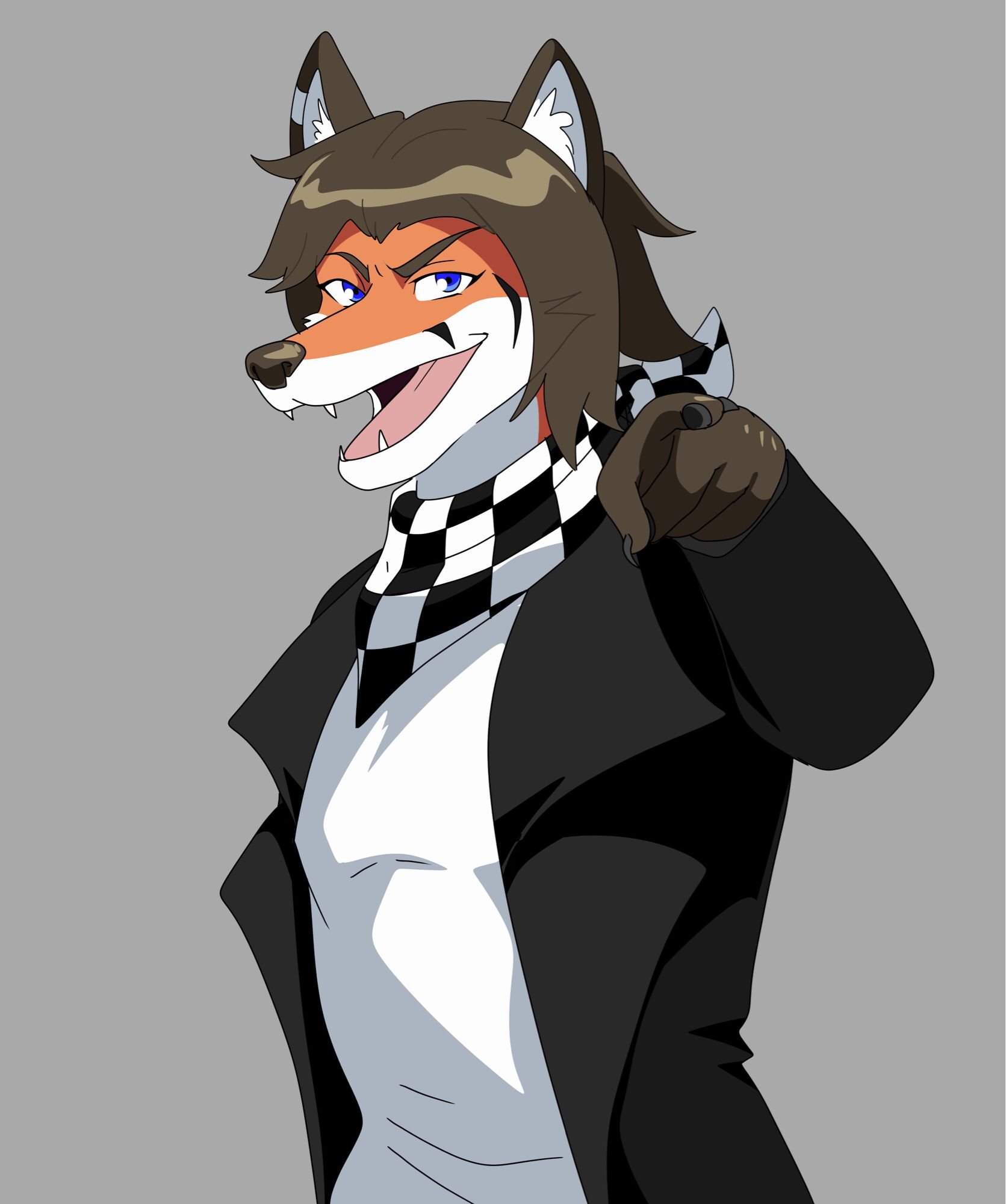 Checker, an anthropomorphic red fox with medium-length brown hair and blue eyes mischieviously points towards the viewer. He wears a white t-shirt with a black jacket over the top, with a white and black checkerboard pattern bandana tied around his neck.