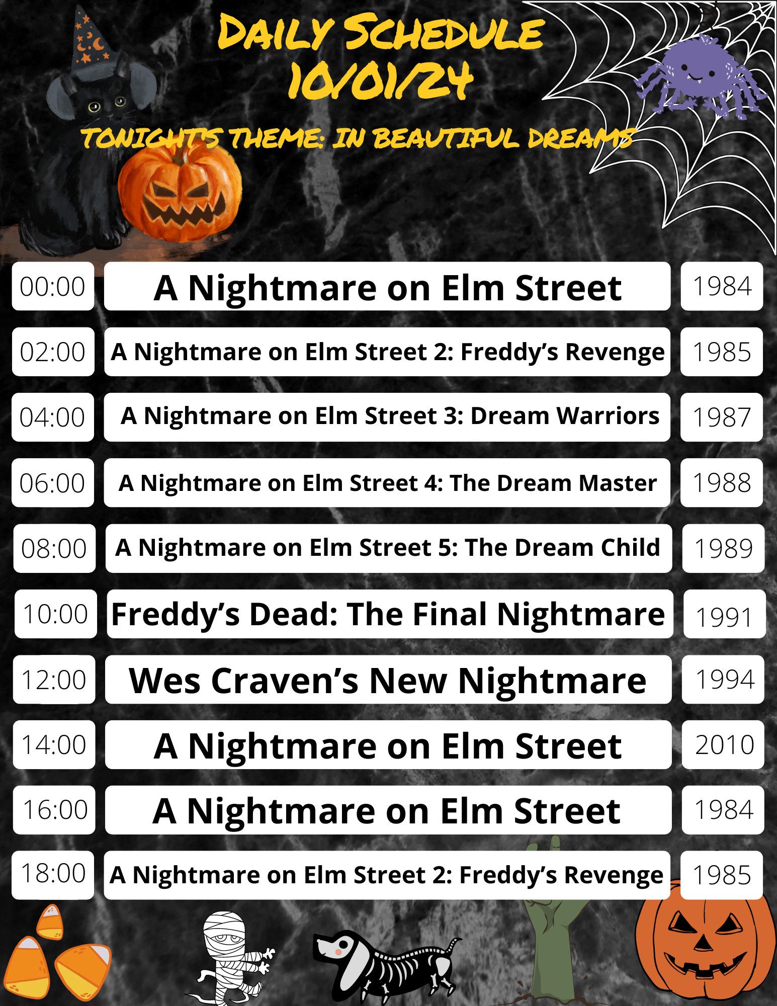 a schedule showing all the Nightmare on Elm Street movies in order from midnight to noon, then the 2010 remake, then starting over