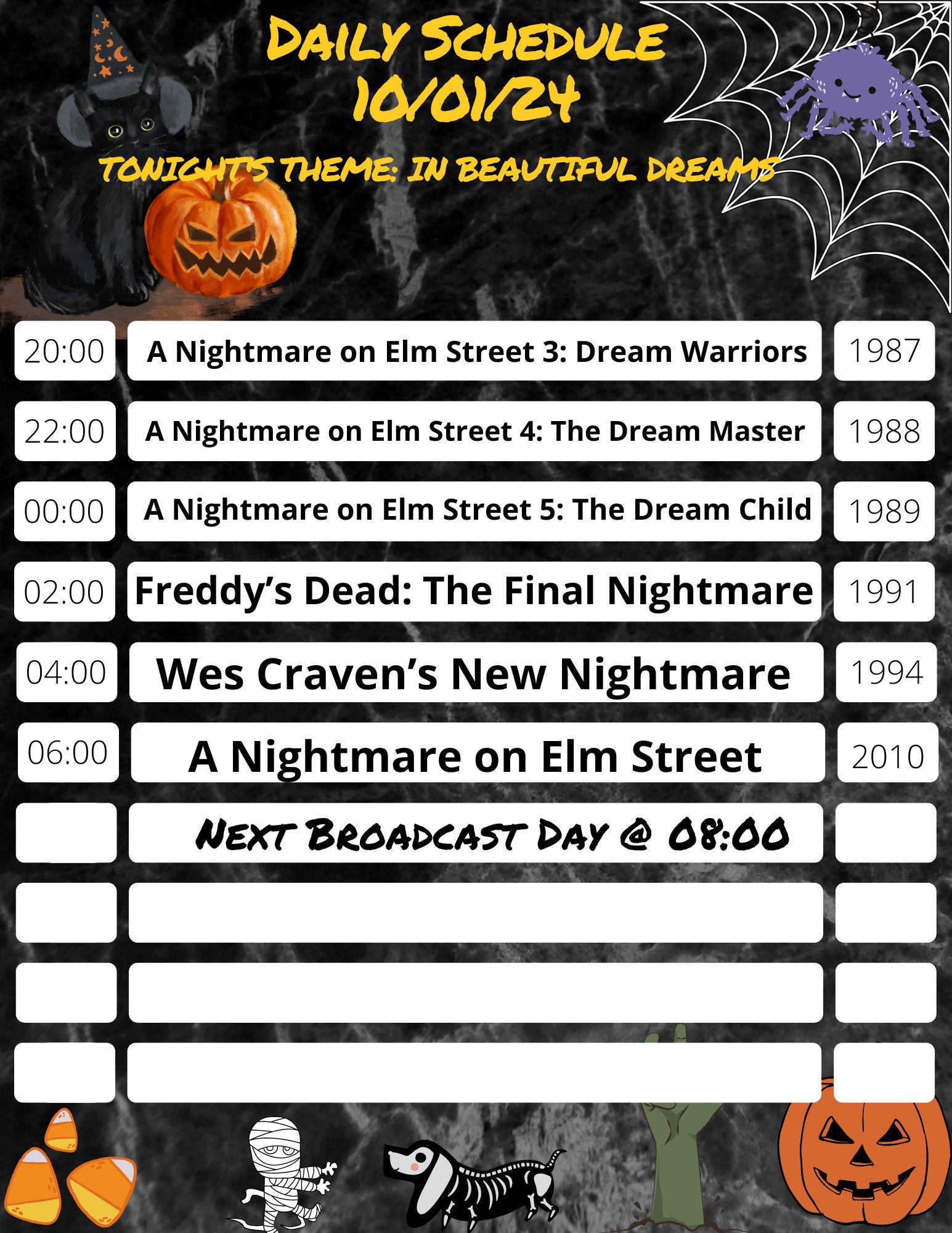 a schedule showing Nightmares on Elm Street 3 through 7 starting at 8PM, ending with the remake at 6AM