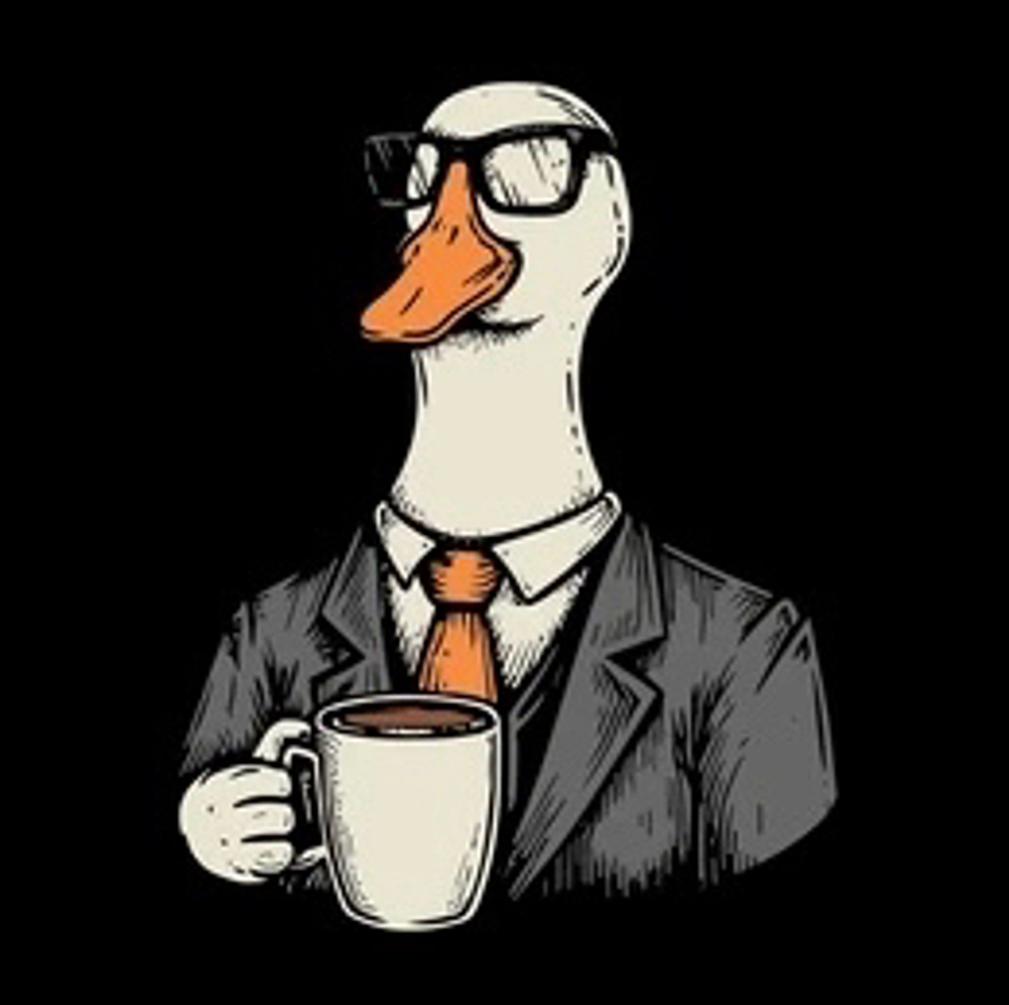 a drawing of a goose dressed in a business suit, complete with a tie and glasses. The goose is holding a coffee mug in one wing while maintaining a calm, collected, and professional expression.