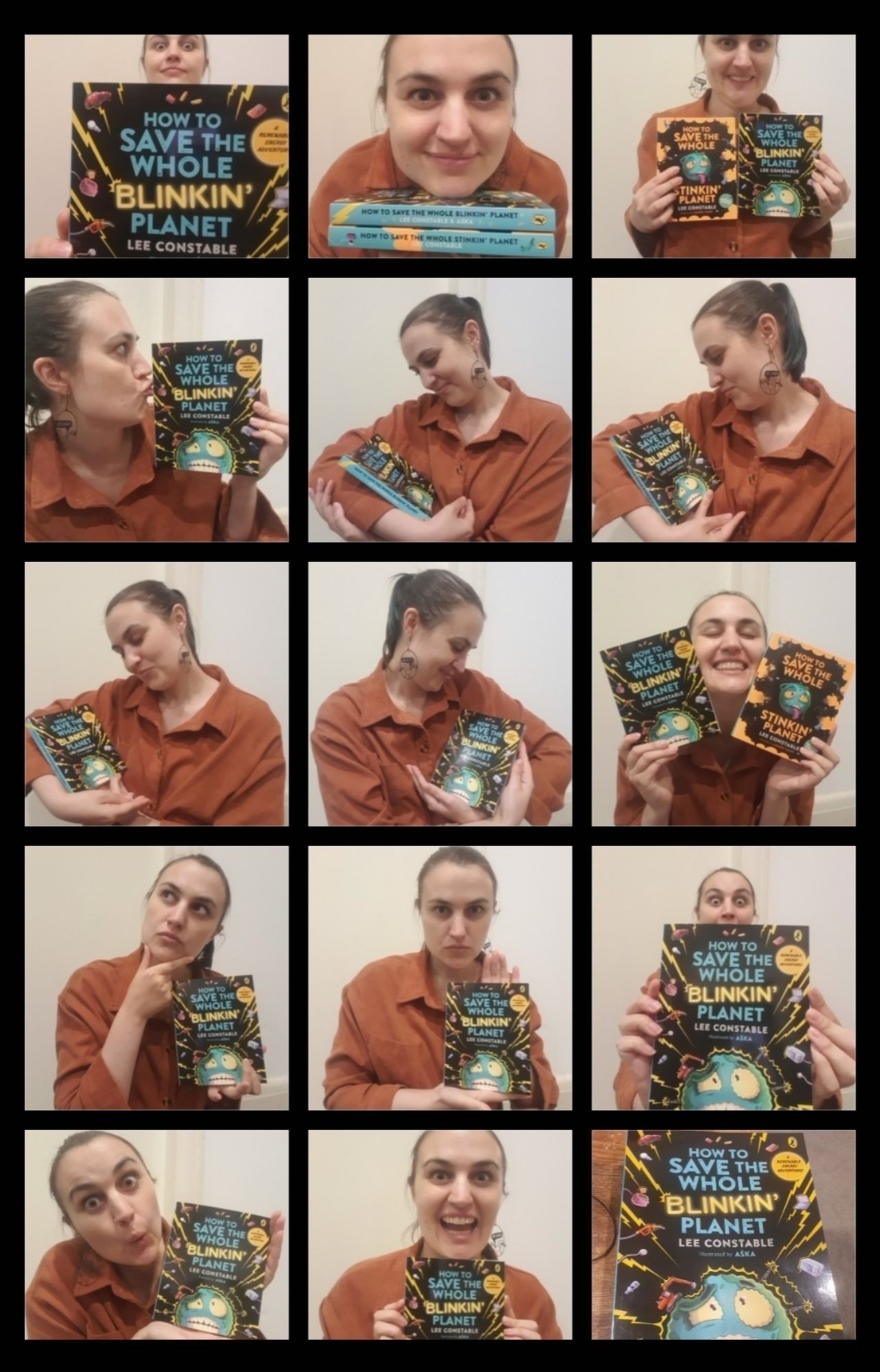 A series of pics of me posing with goofy places with book "How to Save the Whole Blinkin Planet"