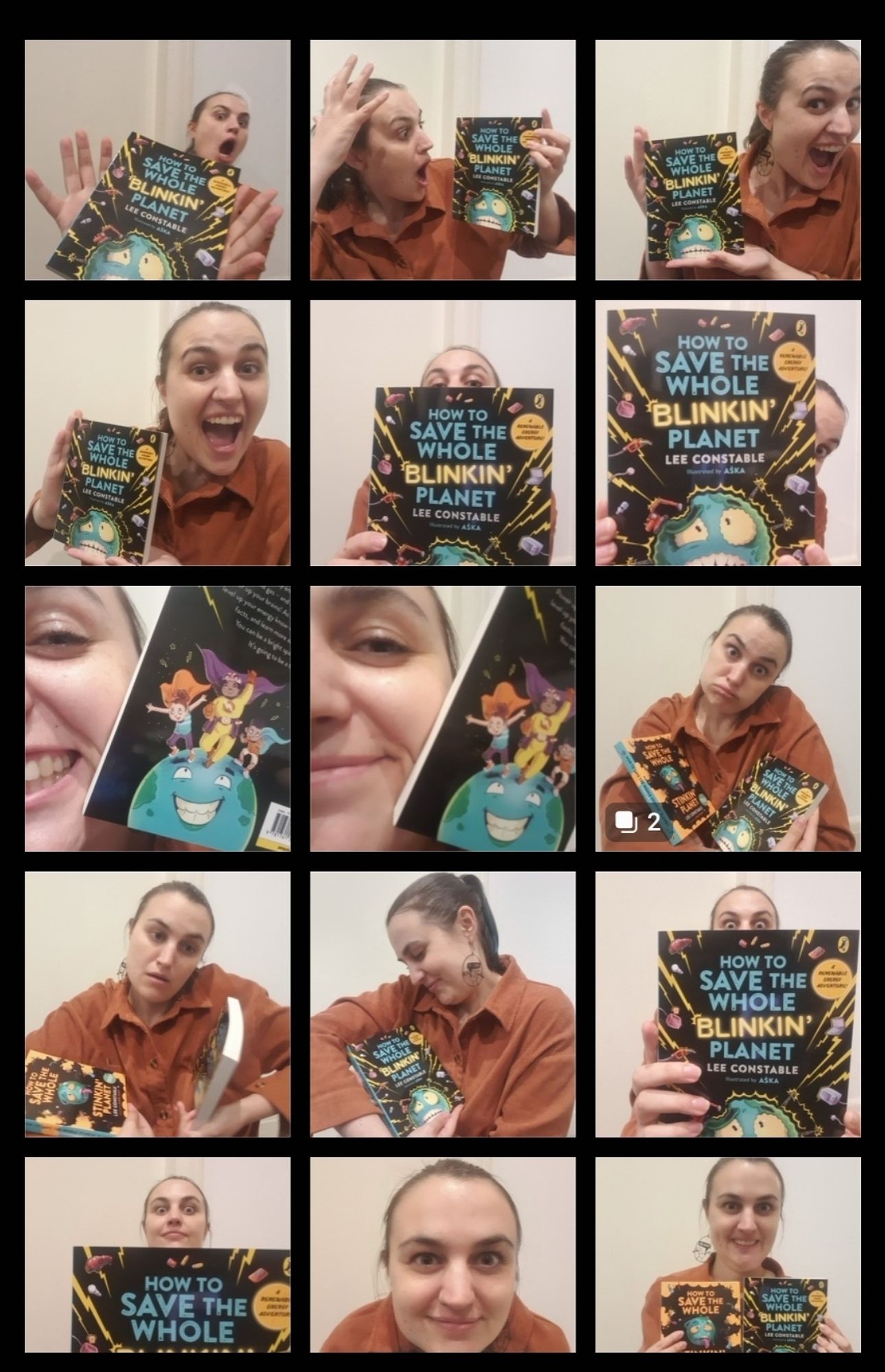 A series of pics of me posing with goofy places with book "How to Save the Whole Blinkin Planet"
