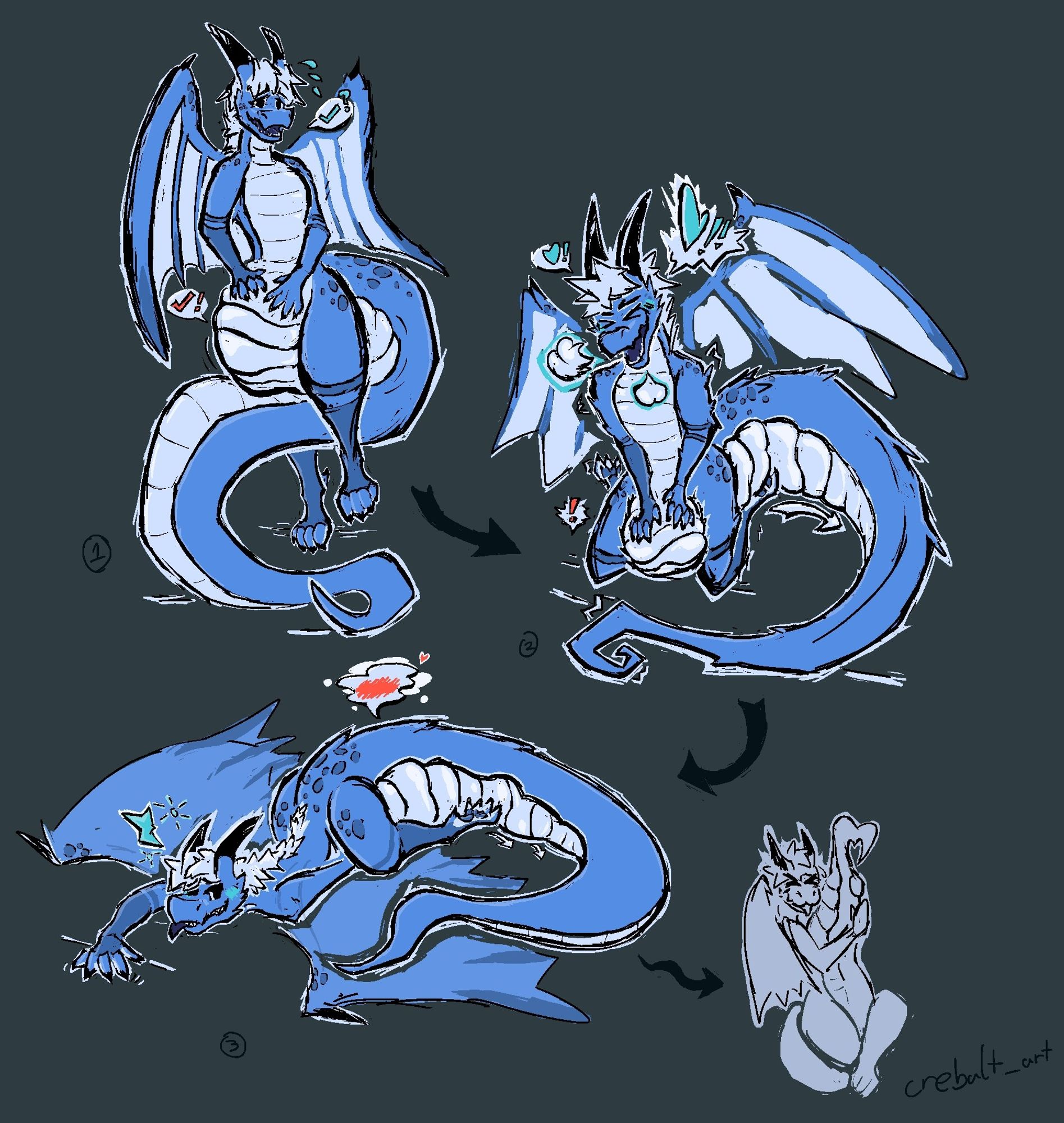 (Endo) Blue anthro dragon, flustered, belly full of prey, asking prey for consent

To the right, after receiving consent the dragon presses firmly down on his gut, shunting the prey into the joined tail belly (in the tail, as the prey is squeezed from regular stomach through base of tail), very pleasantly overwhelmed at how nice it feels

Bottom left. Sprawled out on the ground with the prey finally all the way in the tail, looking bat fondly and with a light blush. Squeezing the prey with legs and thighs.

 Bottom right. Little doodle of the dragon bringing his tail up between his legs to hug like a teddy bear (or body pillow), squeezing close with arms and legs. Cutesy affectionate expression on his face