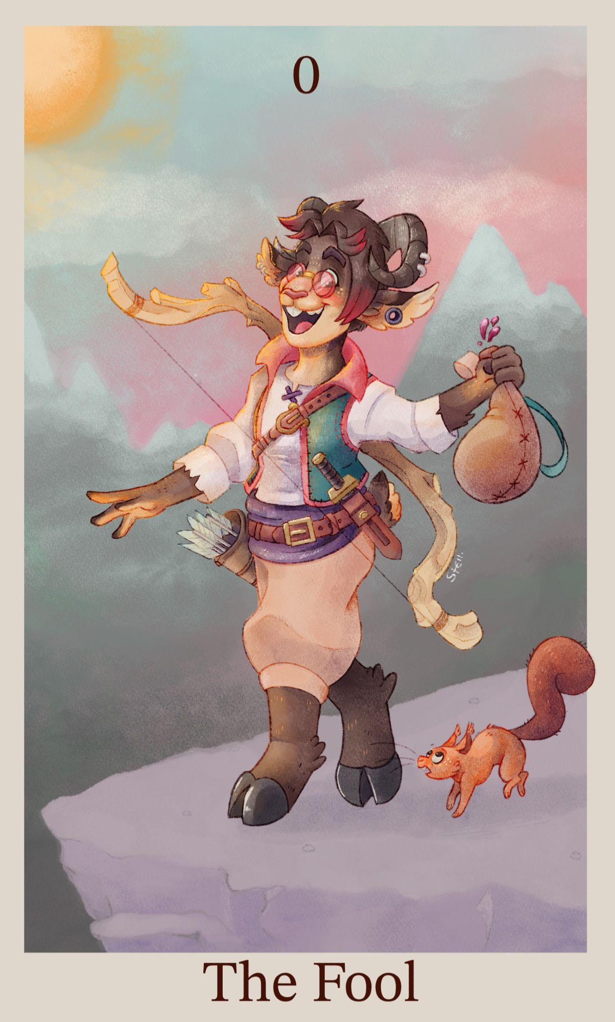 A satyr holding a full wine skin walks forward towards a cliff edge. She doesn’t seem to be looking forward, instead just looking towards her squirrel companion with a smile on her face, unaware of where she’s going. The squirrel tries to warn her that she’s nearly going to fall to her doom.