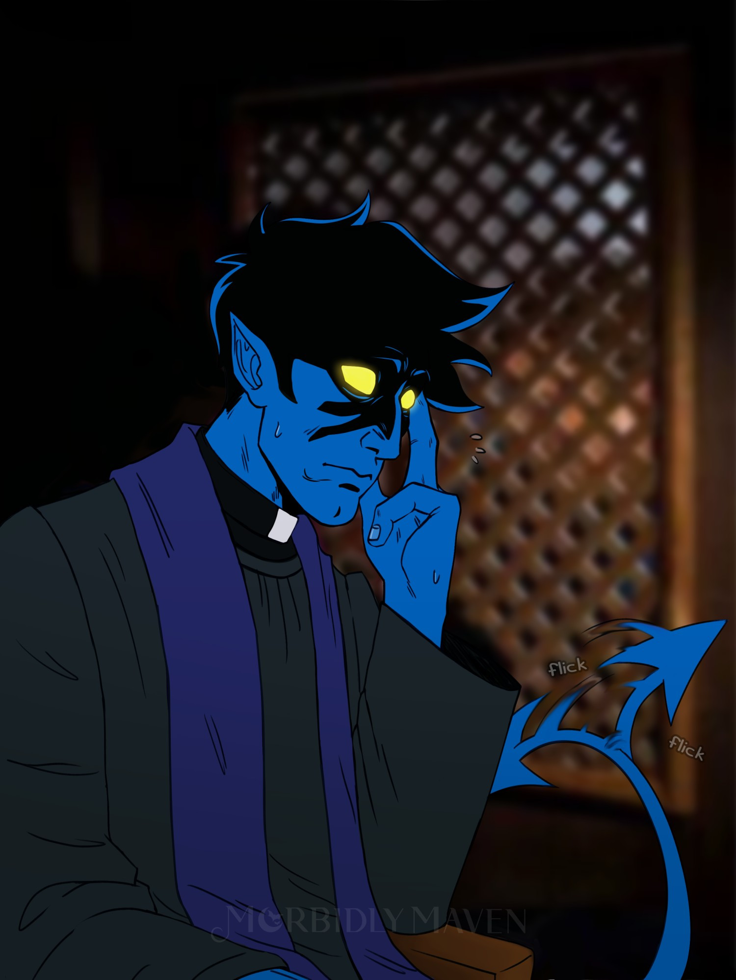 A drawing of Kurt Wagner (Nightcrawler) in his priest robes sitting in a confessional, he has a worried expression on his face as he listens to the person on the other side confess their sins.