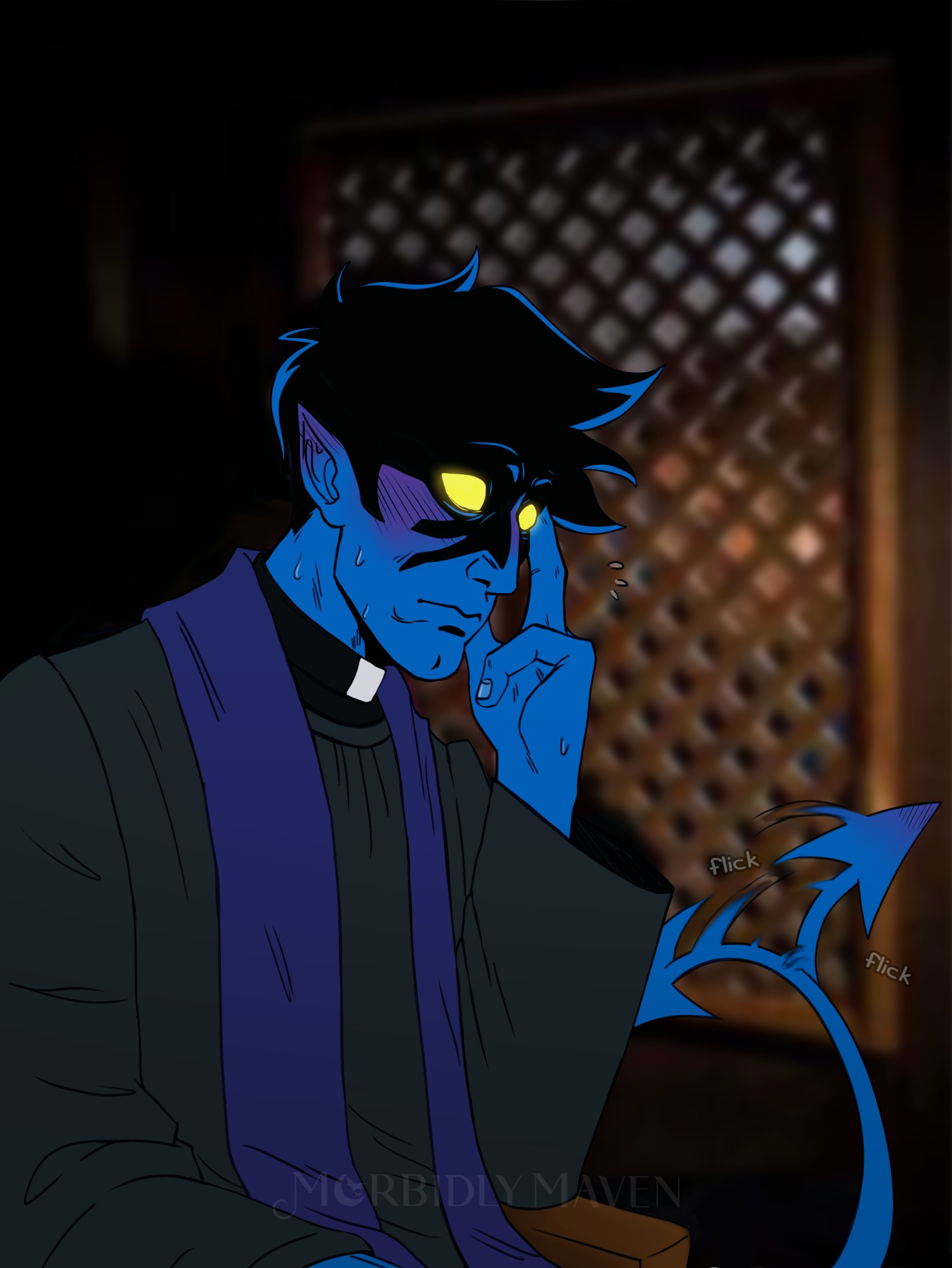 A drawing of Kurt Wagner (Nightcrawler) in his priest robes sitting in a confessional, he has a surprised expression on his flushed face as he listens to the person on the other side confess their sins.