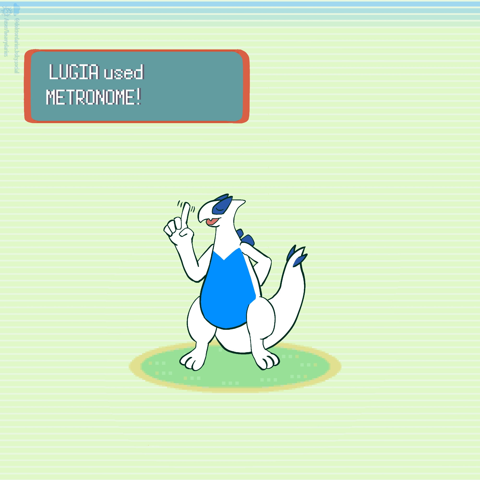 A Lugia waving its finger as a text box on the screen reads "Lugia used Metronome"