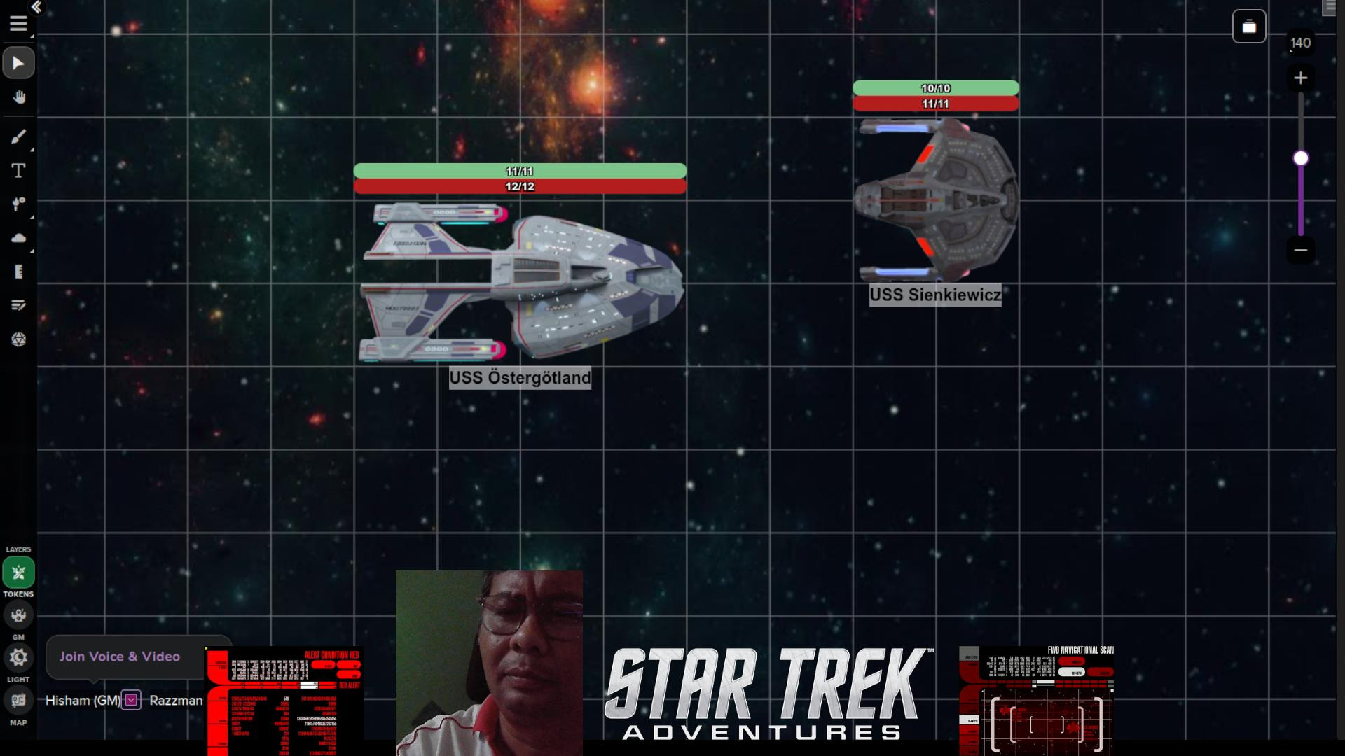 Roll20 screen. Space screen. USS Östergötland and USS Sienkiewicz together with stress bars. Star Trek Adventures lower middle of the screen with an inset camera shot of me to its left. Two LCARS GIF on either side, bottom of screen.