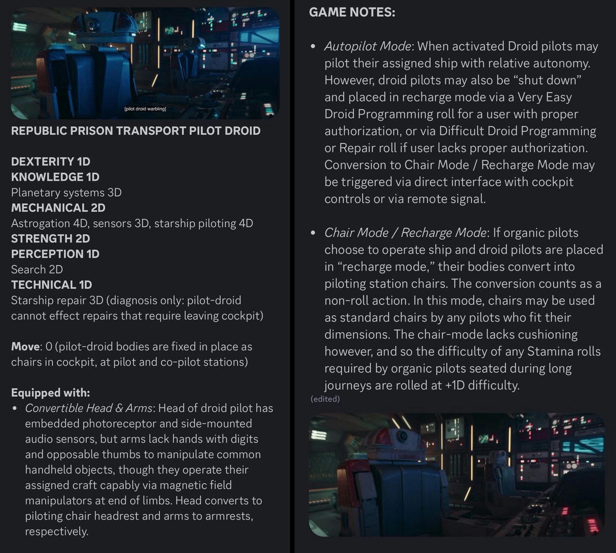 Stats for the Republic Prison Transport Pilot Droid!