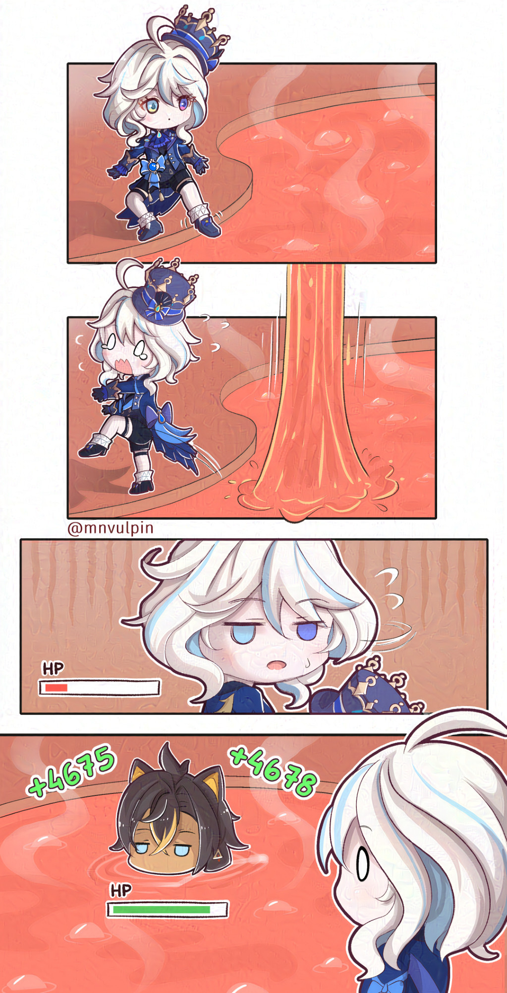 A fanmade 4-koma short comic featuring chibi cute small Furina and Dehya, characters from Genshin Impact, HoYoverse / miHoYo mobile game. Panel 1: Furina tries to touch her foot on the lava. Panel 2: the lava sprays a jet upwards, scaring Furina. Panel 3: Furina is heavily breathing, her HP bar is red and low. Panel 4: Furina is shocked and looks at a calm Dehya in the lava. Dehya is fine, her HP bar is almost full and green, and she's recovering HP instead of losing it. Explanation: Dehya can survive lava due to her self-heal passive talent + Furina's healing.