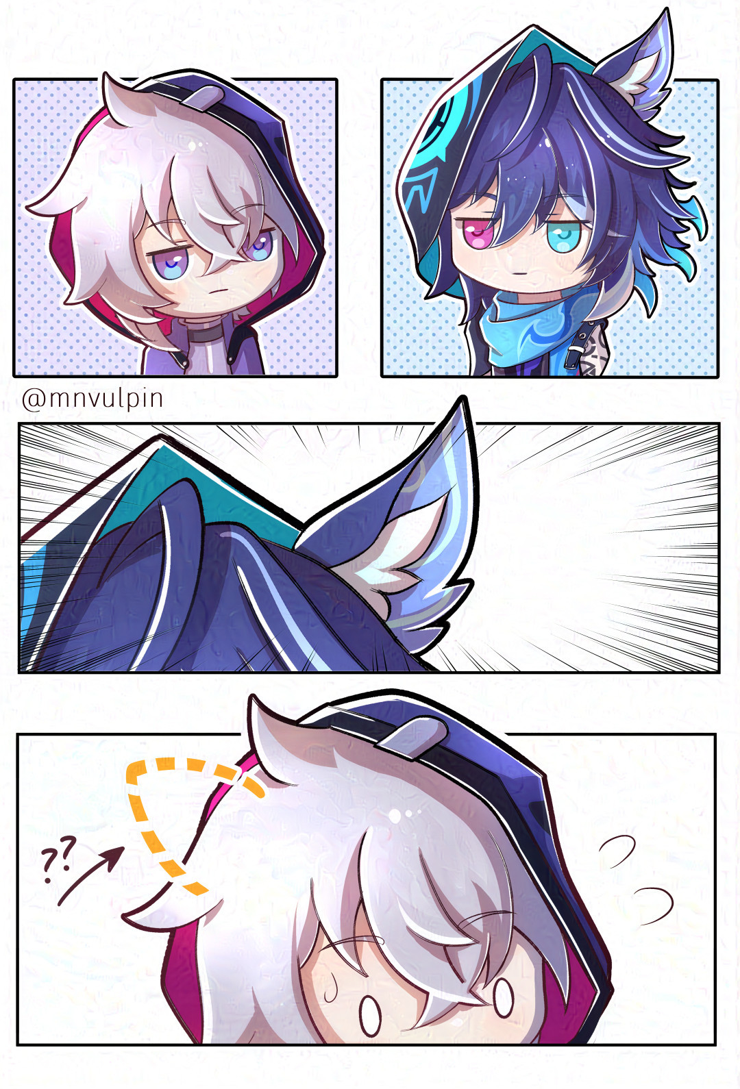 Chibi fanmade short comic featuring small and cute Moze from Honkai: Star Rail and Ororon from Genshin Impact, both are male characters from gacha games developed by the Chinese company HoYoverse / miHoYo. The first and second panels are the two characters facing each other, both have hoodies on opposite sides of their heads. The third panel is a close-up of Ororon's bat ear. Panel four: Moze is missing an ear, unlike Ororon, the drawing shows where his ear could be. Since they both have a similar edge design with hoodies on a single side of the head instead of covering it entirely, there are some similarities between Moze and Ororon, and there is an inside joke in the Honkai community about Moze being the only one in his group (Jiaoqiu and Feixiao) without ears. 