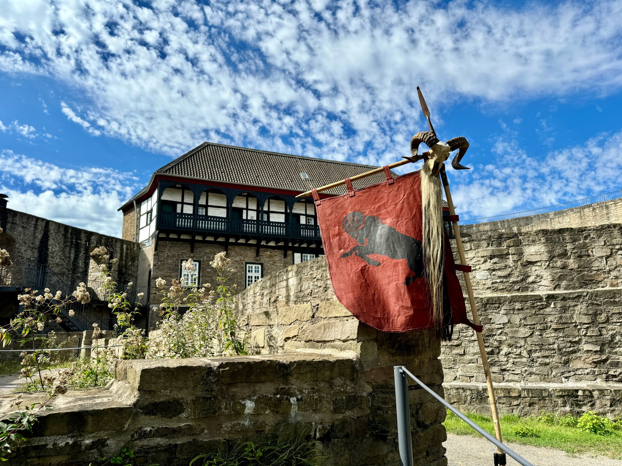 Rote Wikingerfahne mit springendem Bock for Gemäuer