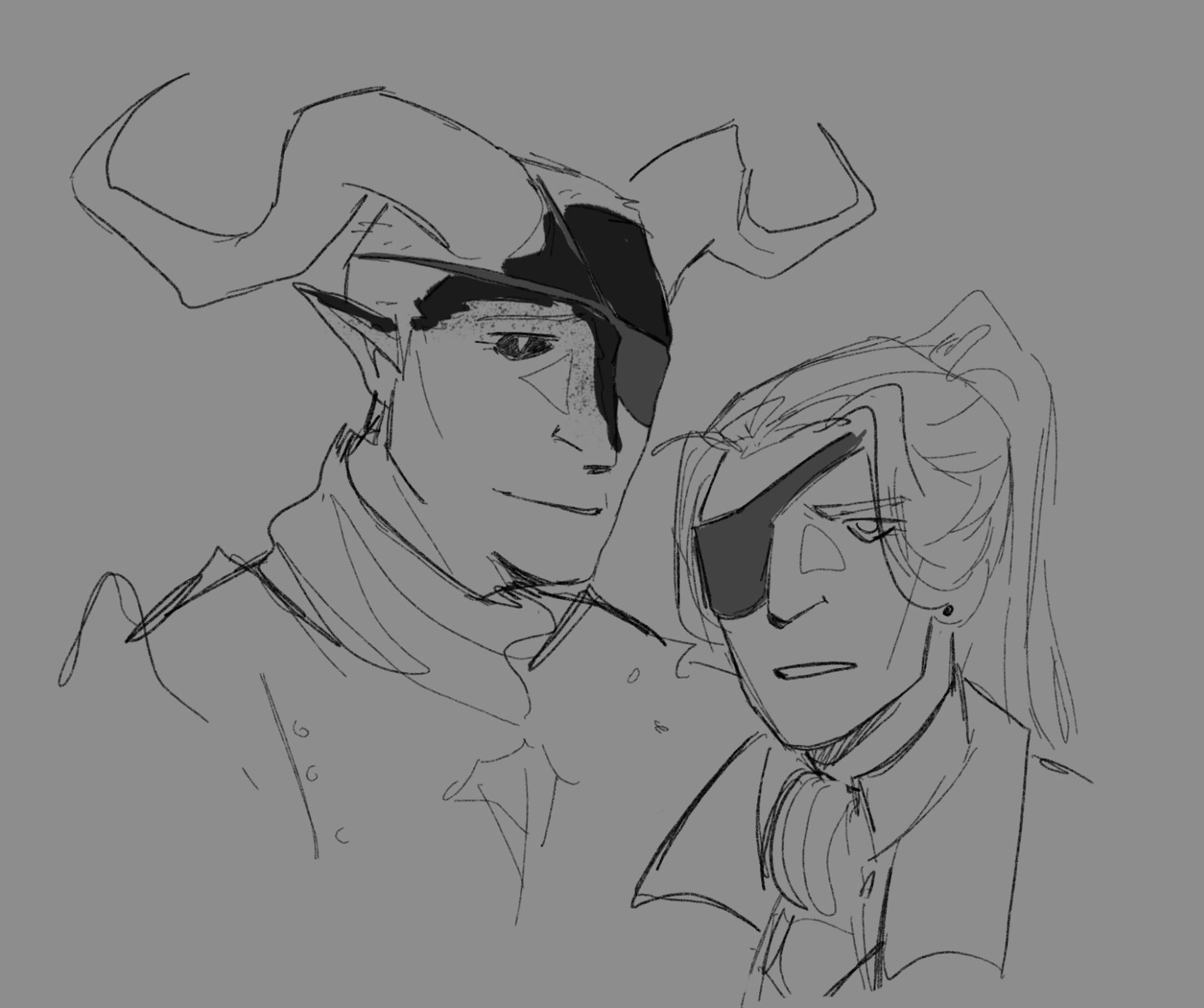 a doodle of spindle and hemlock, a tiefling and a human, each with an eyepatch