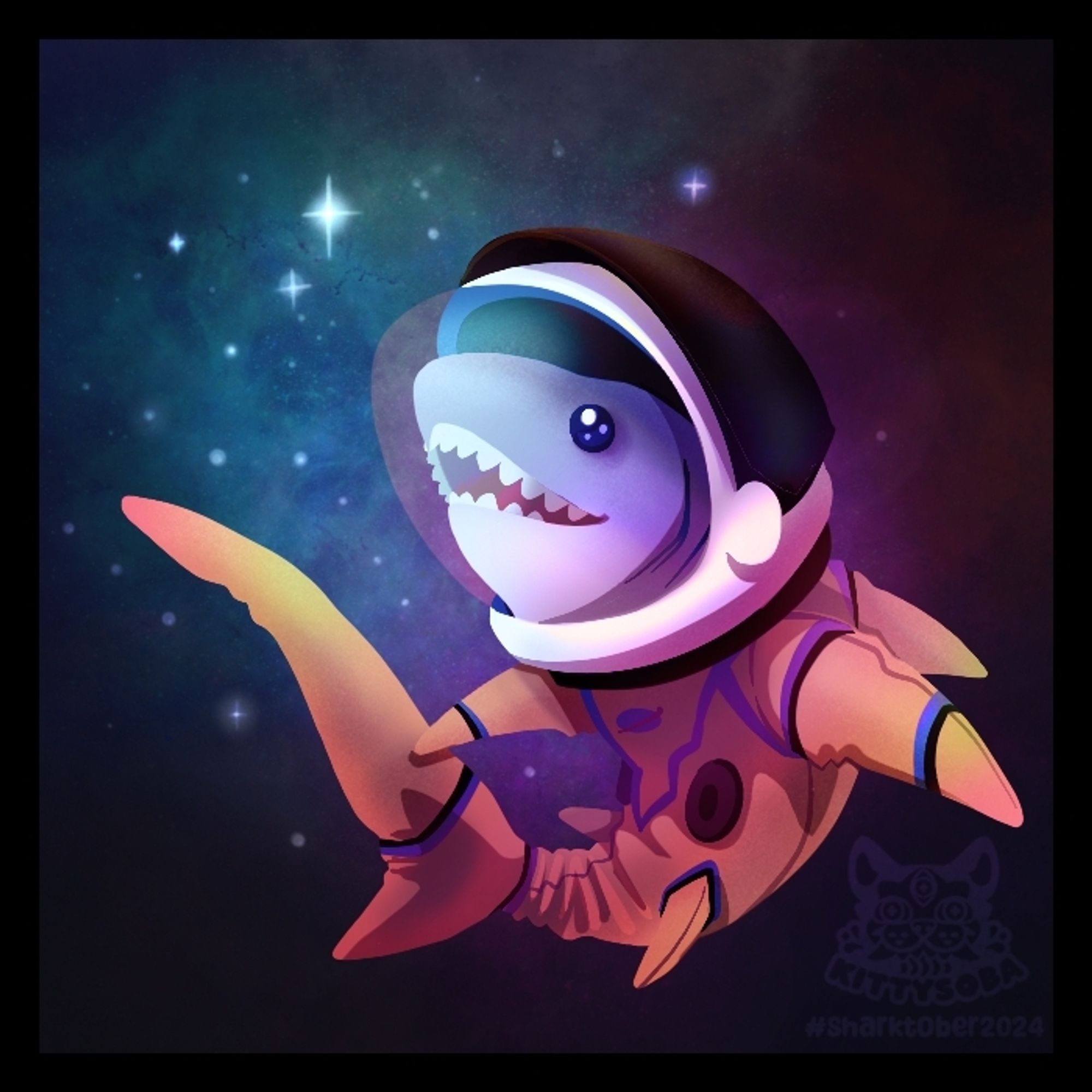 Thresher shark in an orange Nasa space suit floating in a nebula. He's in awe of the stars.