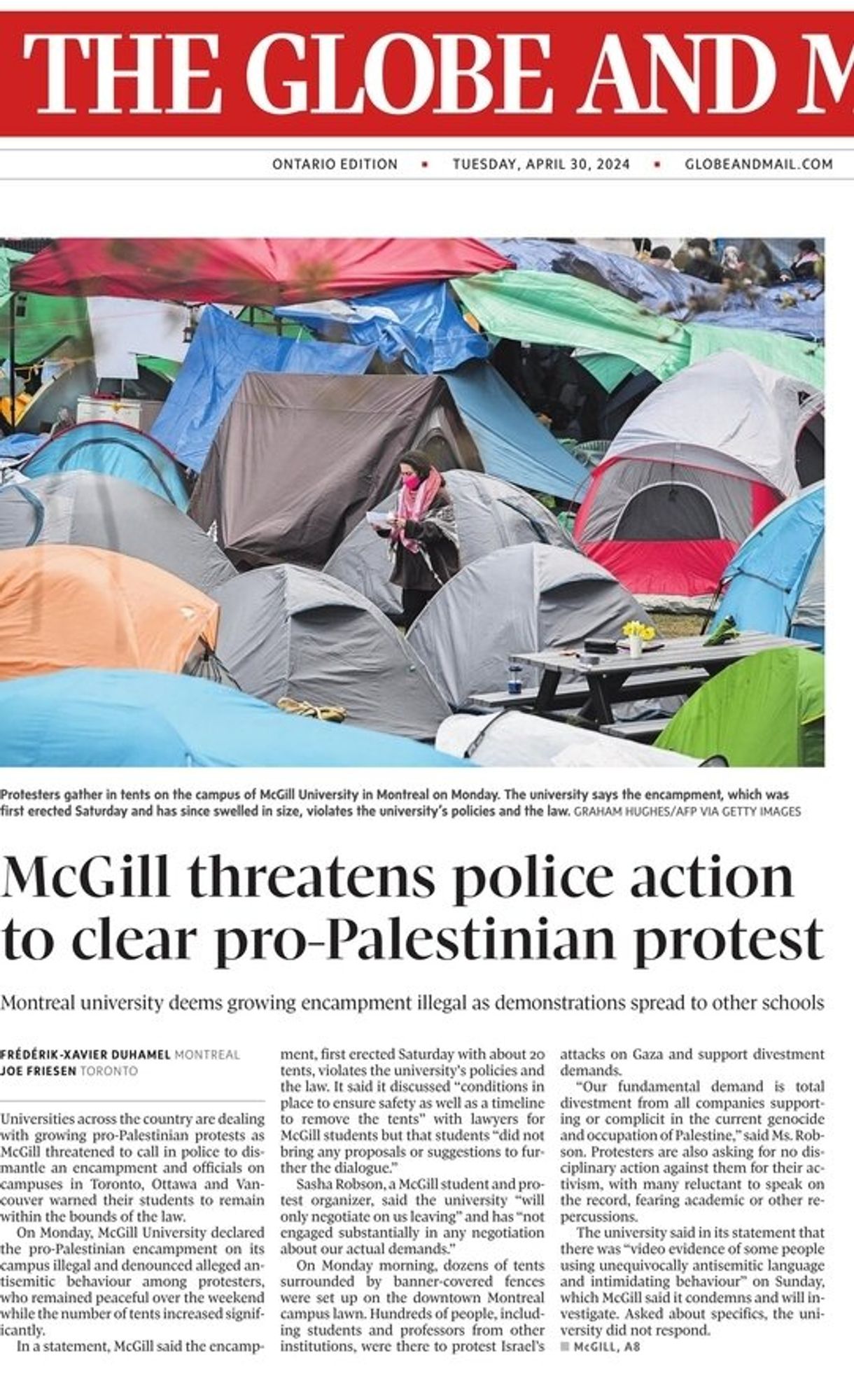 "McGill threatens police action to clear pro-Palestinian protest"~Globe & Mail (Toronto, 4.30.24)