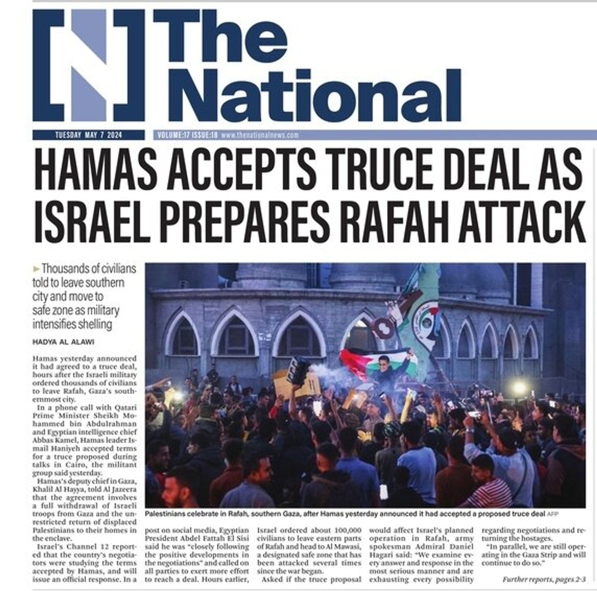 "Hamas accepts truce deal as Israel prepares Rafah attack"~the National (Abu Dhabi, 5.7.24)