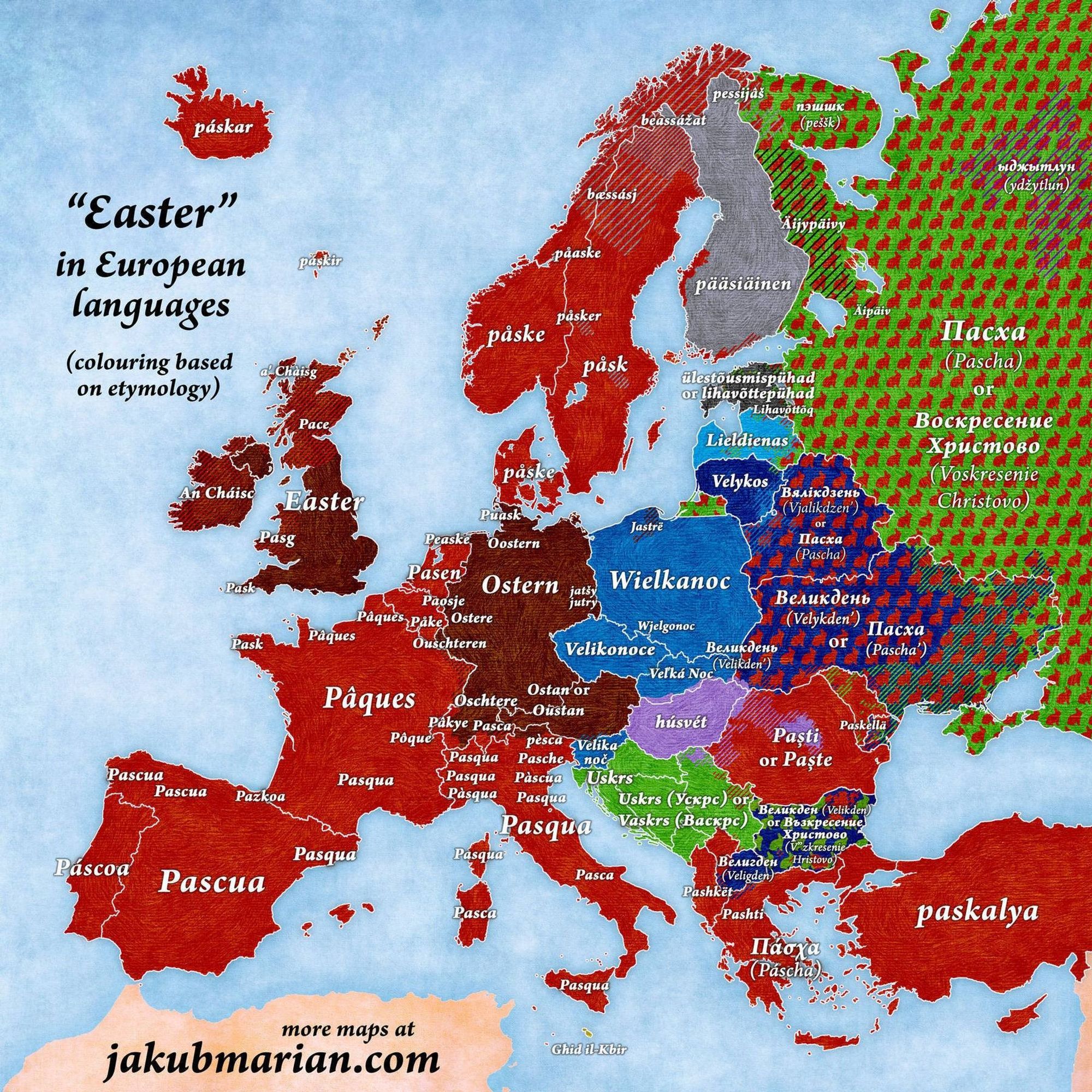 'Easter' in European languages (jakubarian.com map)