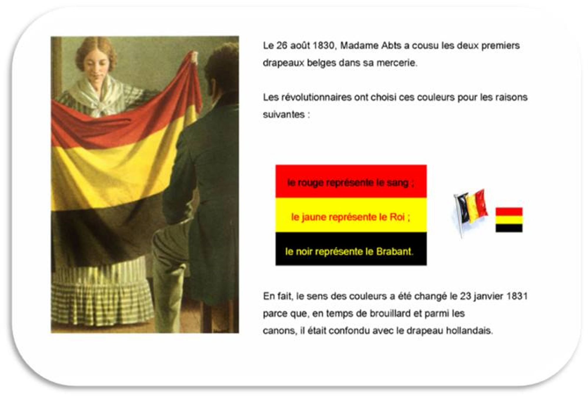 Madame Marie Abts is credited with creating the first Belgian flag #OnThisDay in 1830 as the revolution began that would lead to Belgium's independence from the Netherlands; vive la #Belgique~! #België