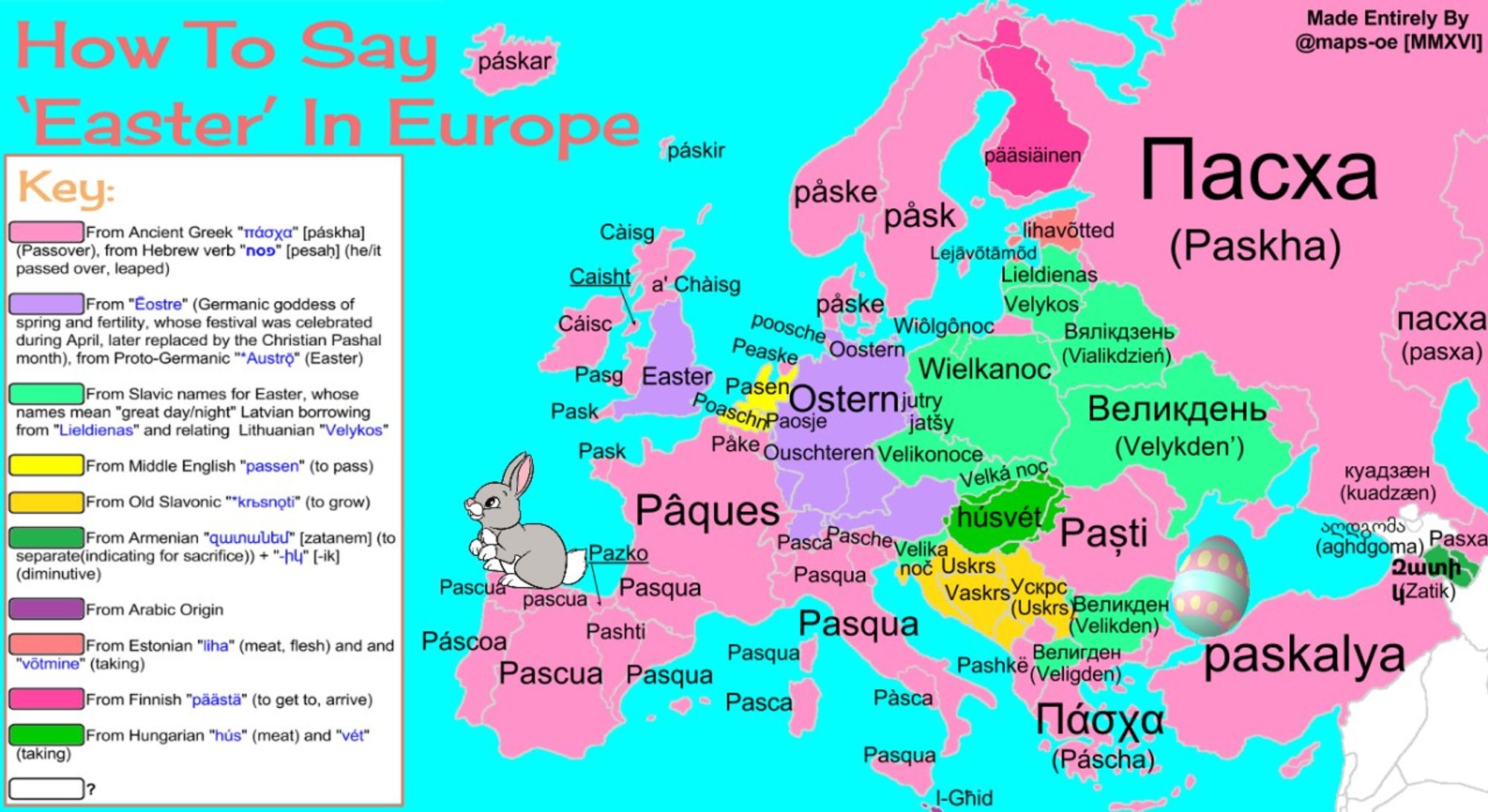 'Easter' in different European languages: an etymology map