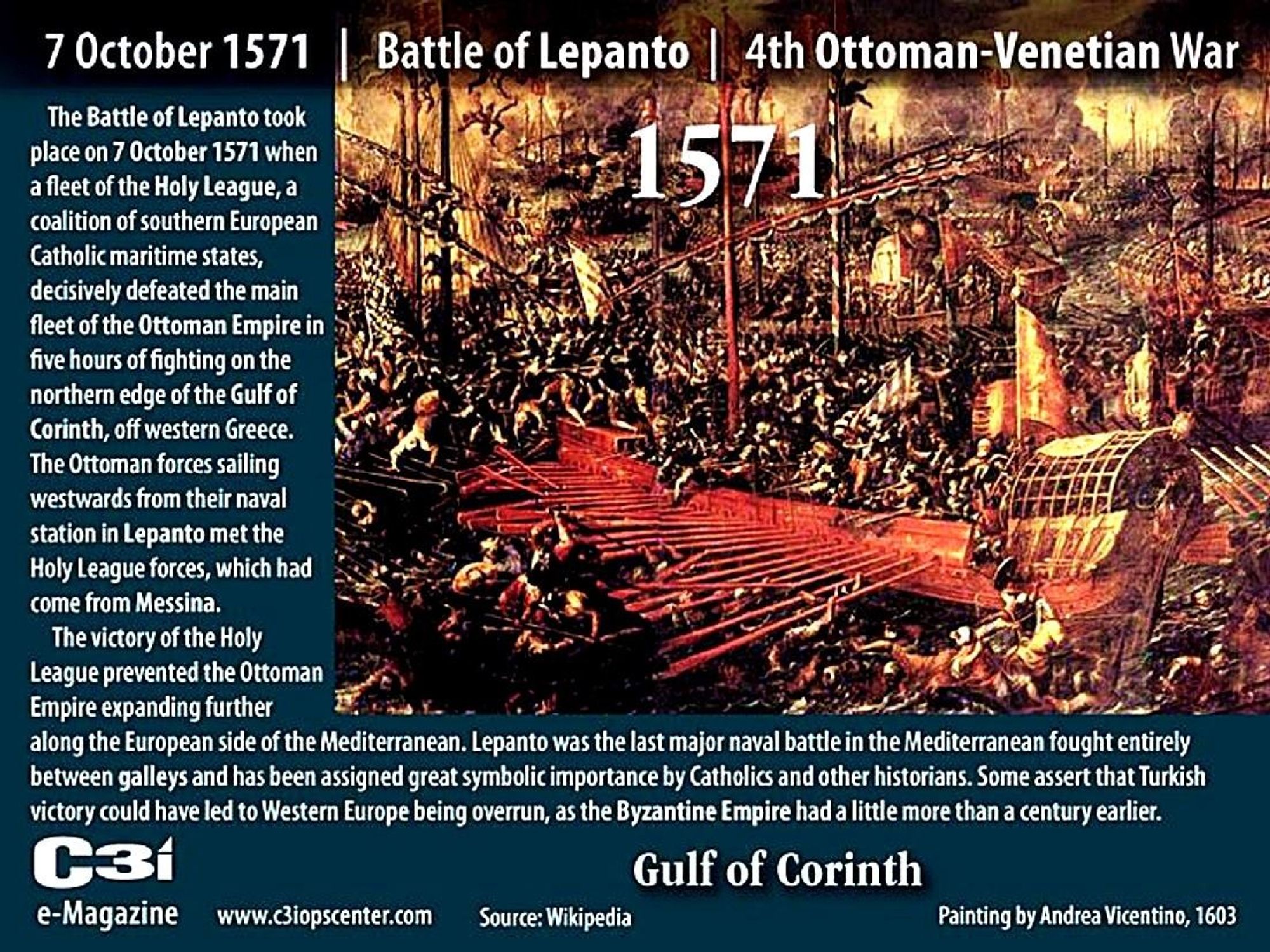 #OnThisDay in 1571, #Spain, #Venice & other allied European powers inflicted a crushing defeat on the #OttomanEmpire in the naval Battle of #Lepanto off the coast of Greece, a key turning point in the #history of the #Mediterranean, which remained dominated by western European powers, who were able to block Ottoman Turkish expansion into the western Mediterranean:
https://en.wikipedia.org/wiki/Battle_of_Lepanto