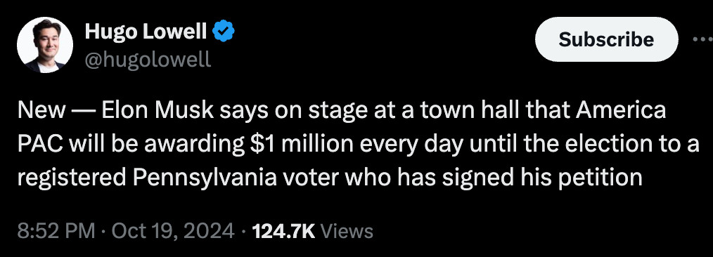 Hugo Lowell
@hugolowell
New — Elon Musk says on stage at a town hall that America PAC will be awarding $1 million every day until the election to a registered Pennsylvania voter who has signed his petition