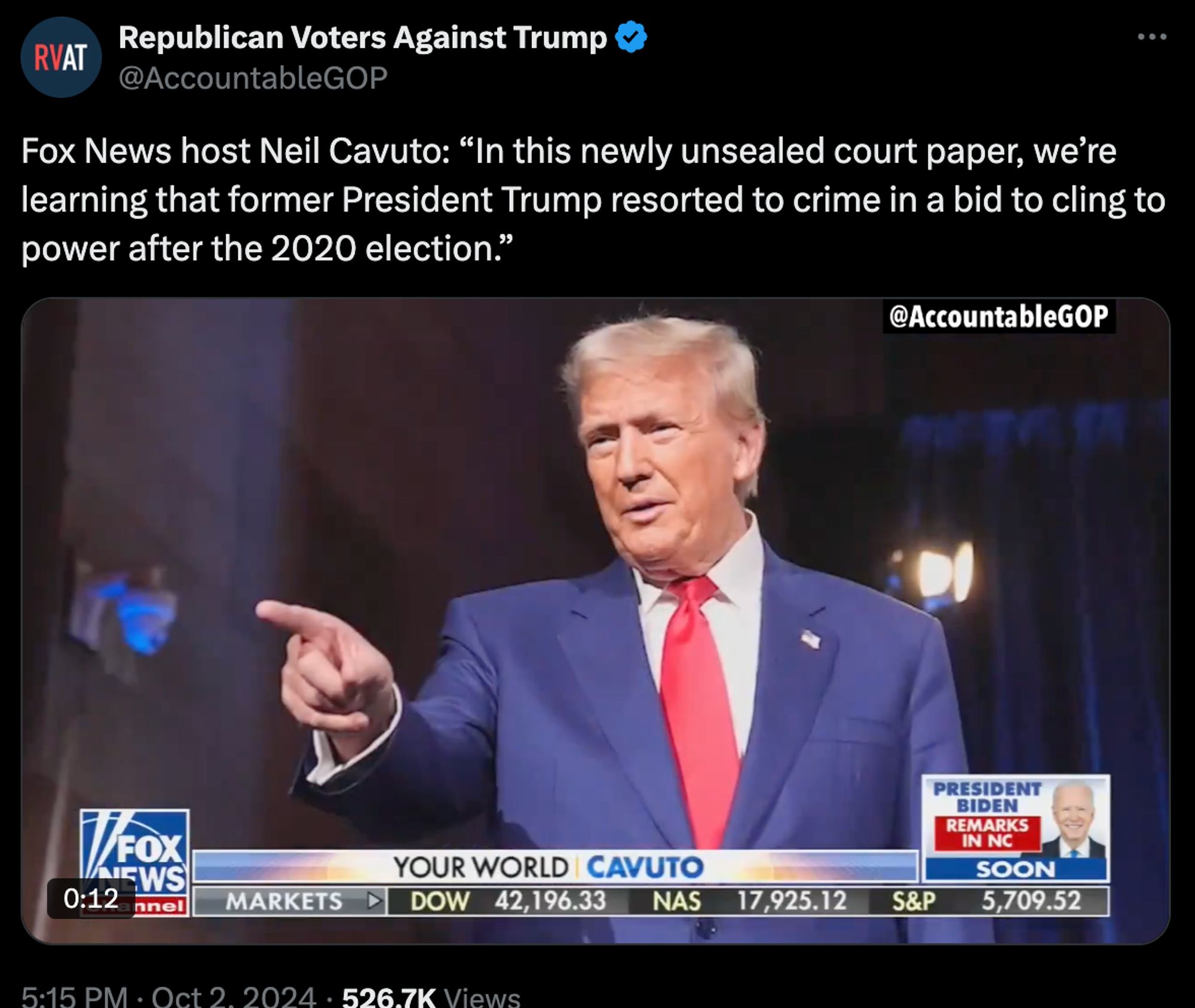 Republican Voters Against Trump
@AccountableGOP
Fox News host Neil Cavuto: “In this newly unsealed court paper, we’re learning that former President Trump resorted to crime in a bid to cling to power after the 2020 election.”