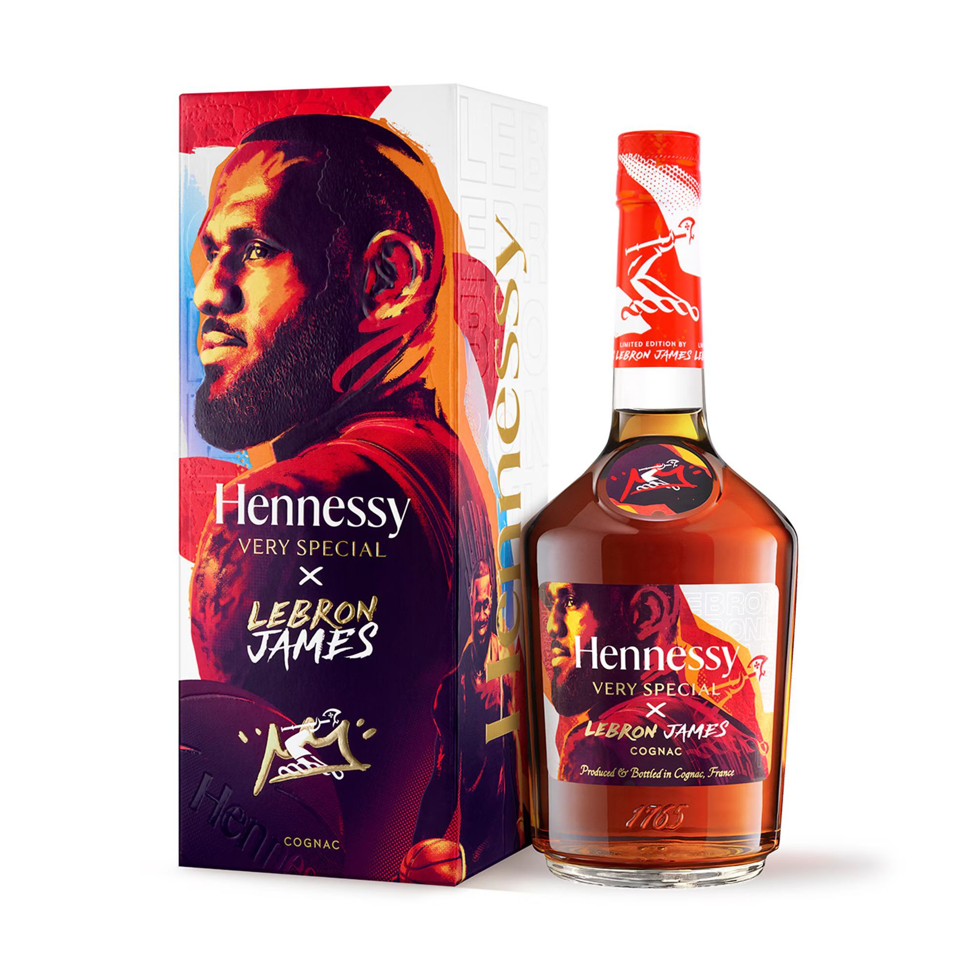 An image of LeBron James special release Hennessy with LeBron painted and drawn over on the box and LeBron iconography all over the bottle.