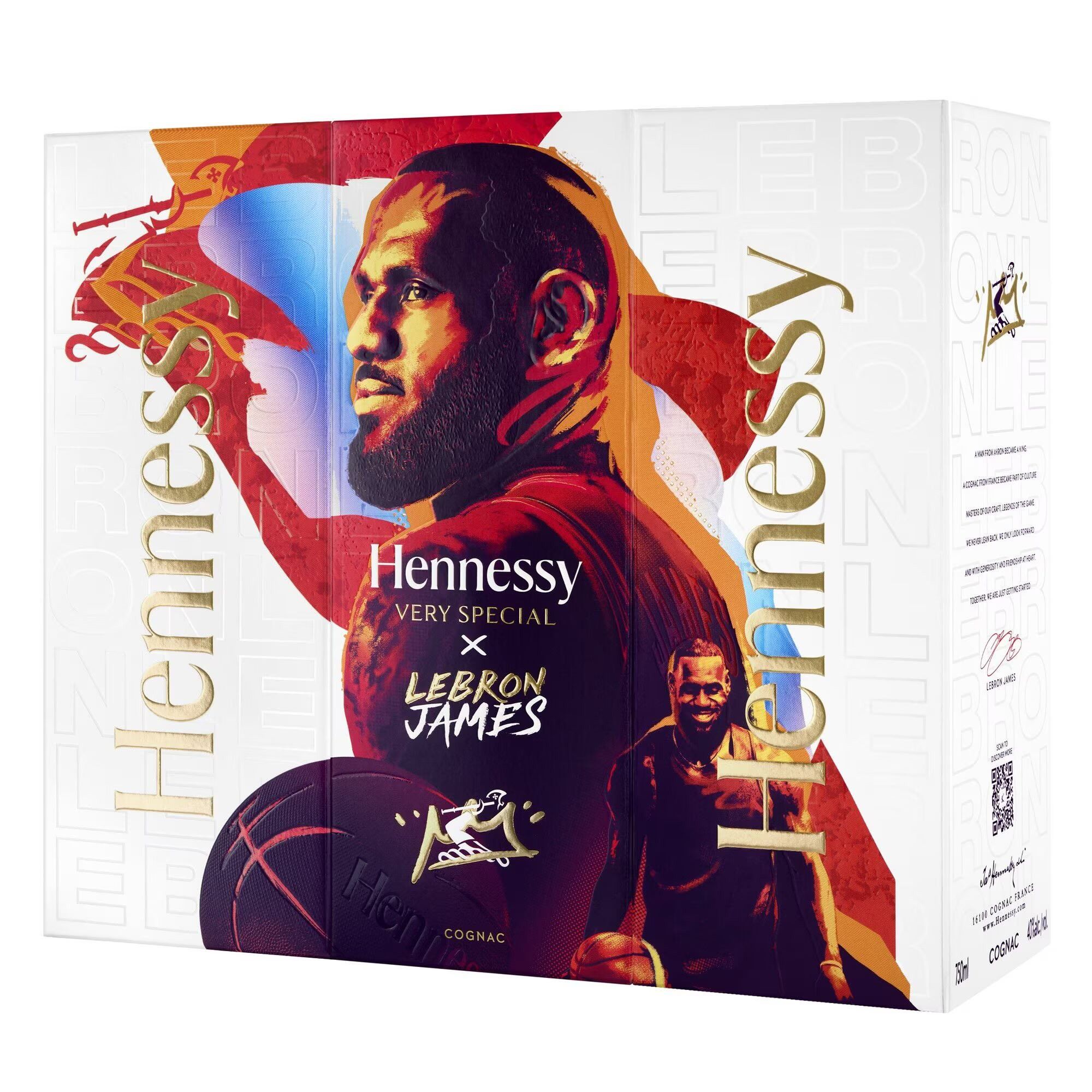 A larger image of the box with LeBron James special release Hennessy with LeBron painted and drawn over with many different symbols and icons invoking LeBron and Kingship etc.