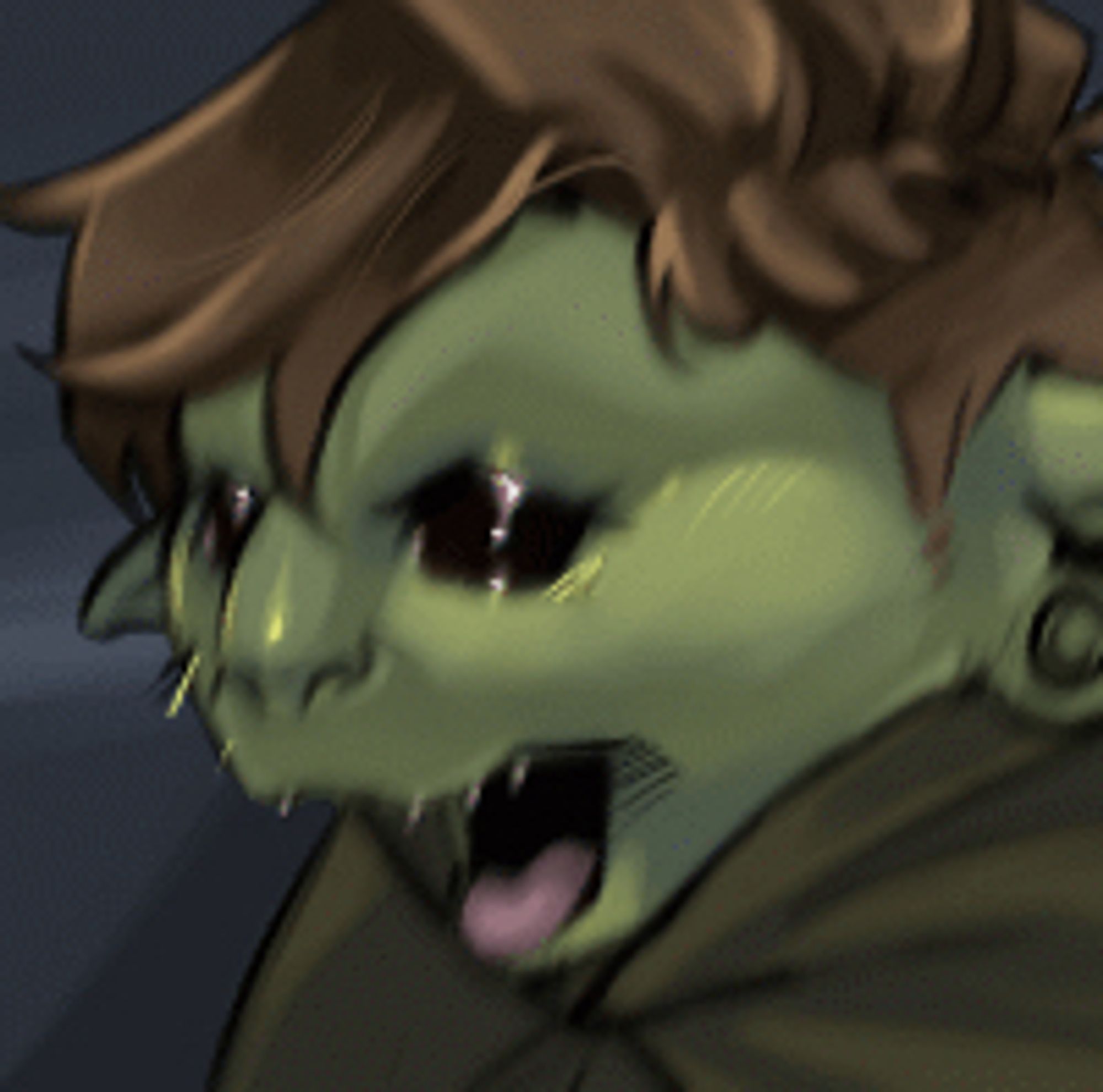 image (hopefully animated gif) of an out of focus green goblin with cropped brown hair and teary black eyes screaming
#art #illustration #dnd