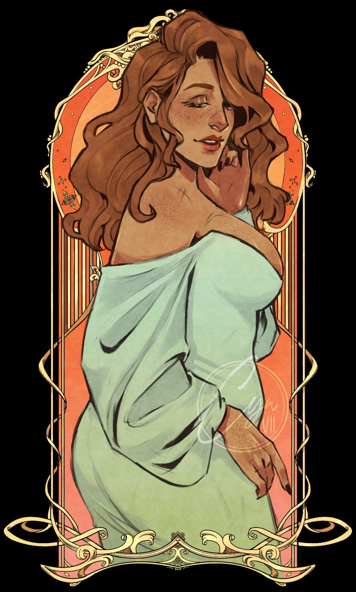 Honey (she/her) - sweetlyviolent on insta
curvy brunette woman with an art nouveau frame behind her.