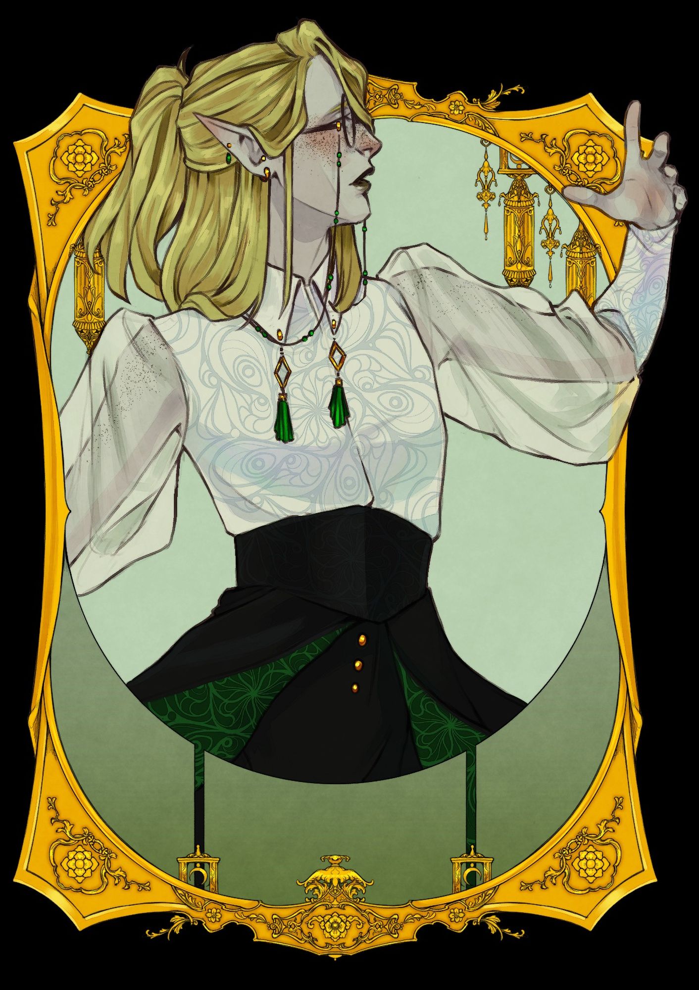 Aeneas (he/him) - @devioussnail (bsky)
blond elf look at his hand. wearing a flowy shirt with puffy translucent sleeves. Surrounded by golden decorative frame (CSP asset)