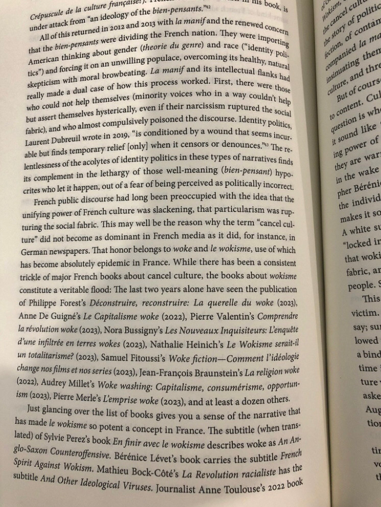 A passage from Adrian Daub’s The Cancel Culture Panic (2024) listing a long list of books published in French in the last three years decrying “le wokisme”. Daub suggests that key to explaining this trend is that “French public discourse has long been preoccupied with the idea that the unifying power of French culture was slackening, that particularism was rupturing the social fabric.”