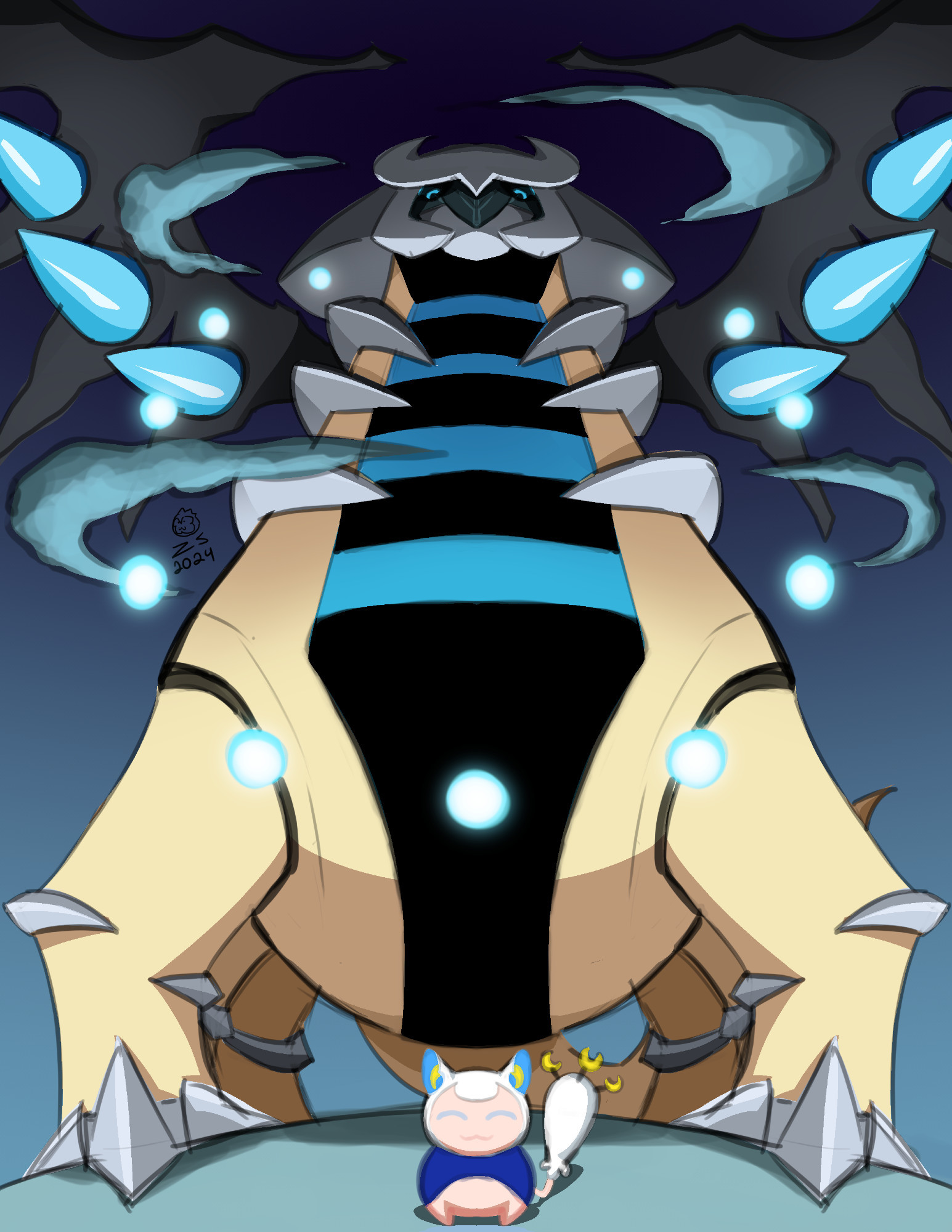 Shiny Giratina looms over a tiny Princess Tsukiko Mochizuki (lunnarbunnie.bsky.app) style Skitty called Tsukitty (this Skitty has blue and white fur, blue ears with half moons inside, and on it's tail are three moons instead of orbs)