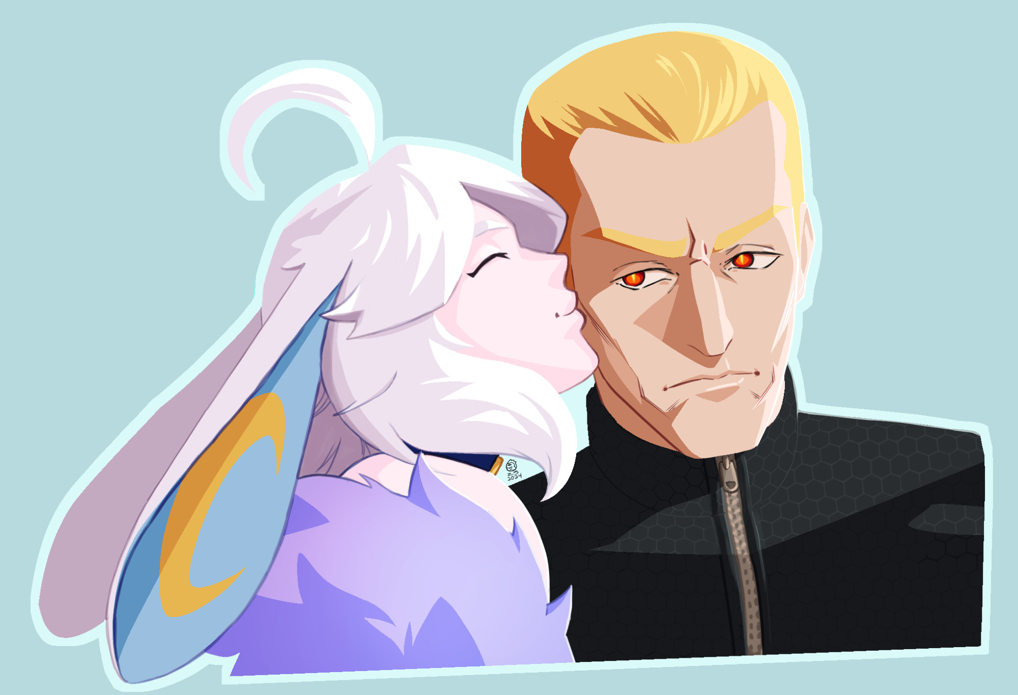 Kiko (lunarbunnievt.bsky.app) kissing Albert Wesker on the cheek