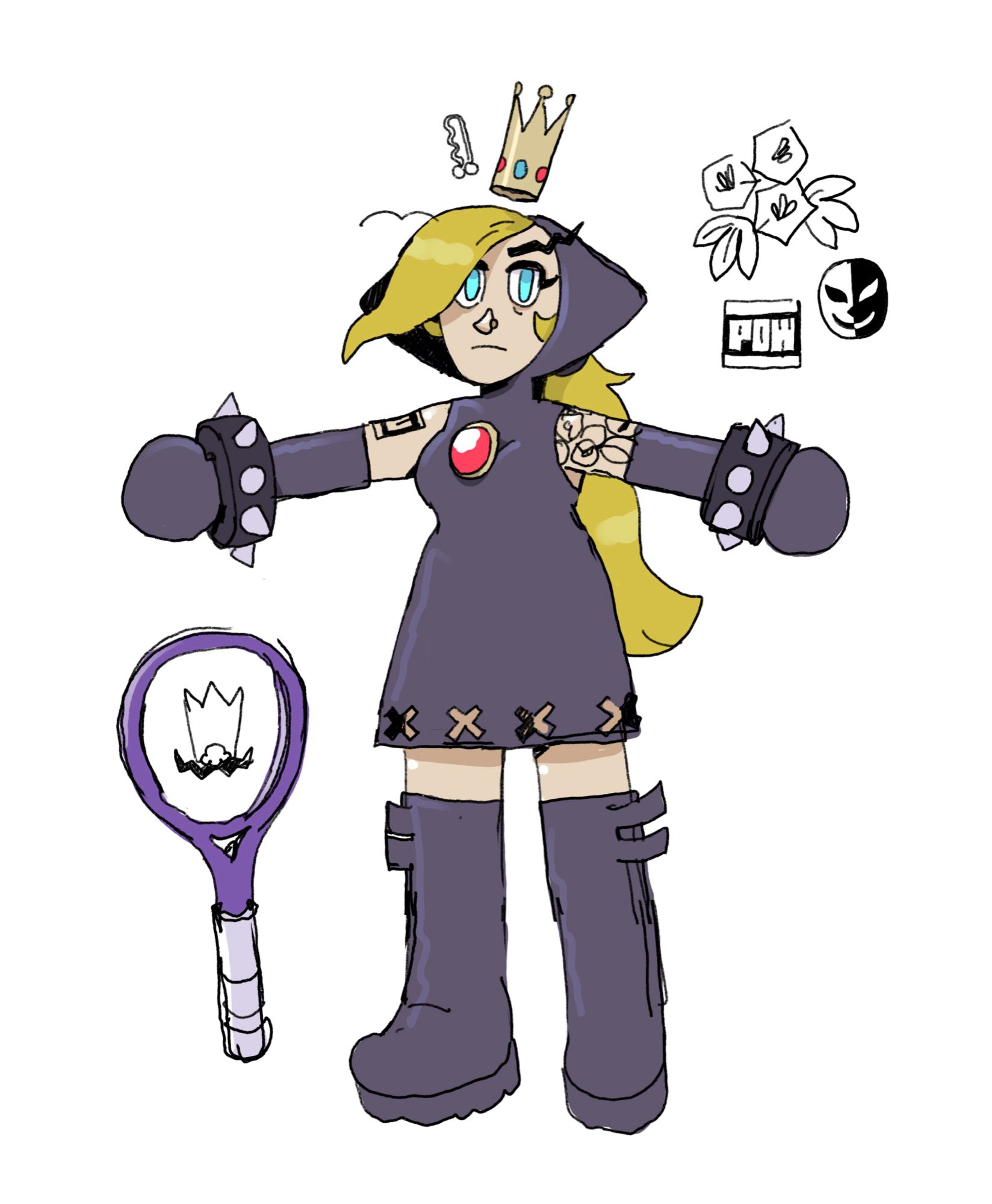 reference drawing of Wapeach in a t-pose wearing her princess costume. Details of her most prominent tattoos (a cluster of mountain laurel, a POW block, and a Phanto from SMB2).