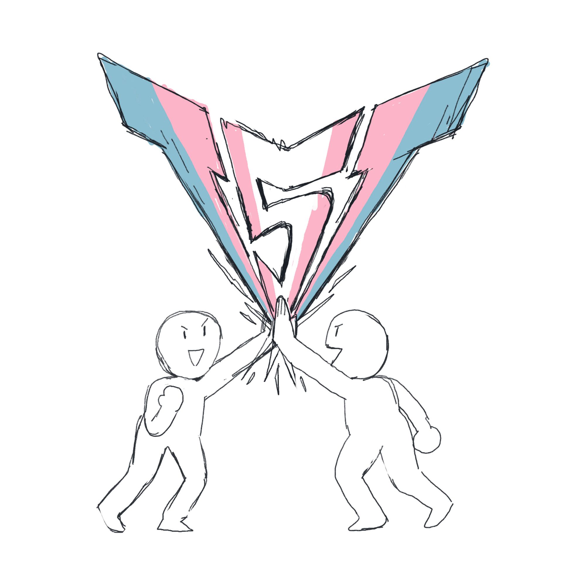 two blank characters high-fiving each other. the ex of the impact form the text “T5T” in the colors of the trans flag.